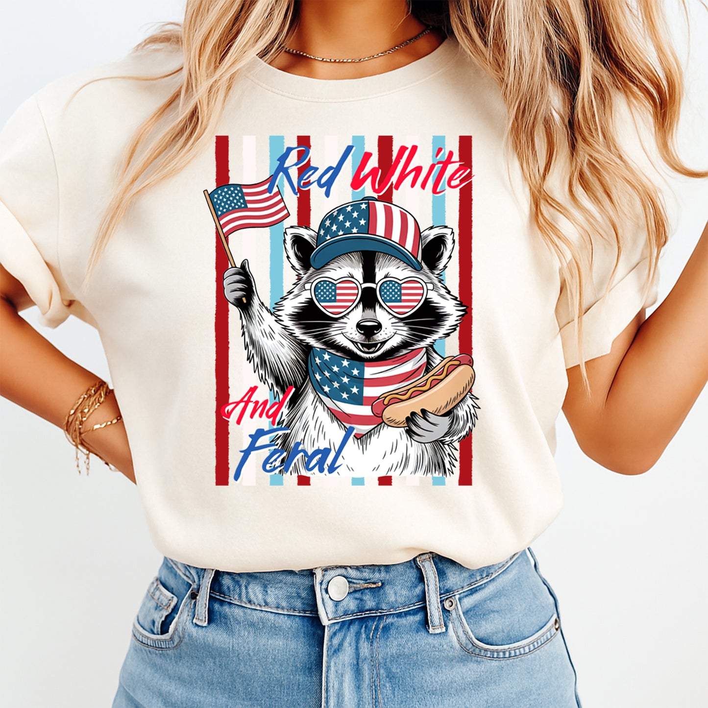 Patriotic Raccoon DTF Transfer Red White And Feral Ready to Press 13990