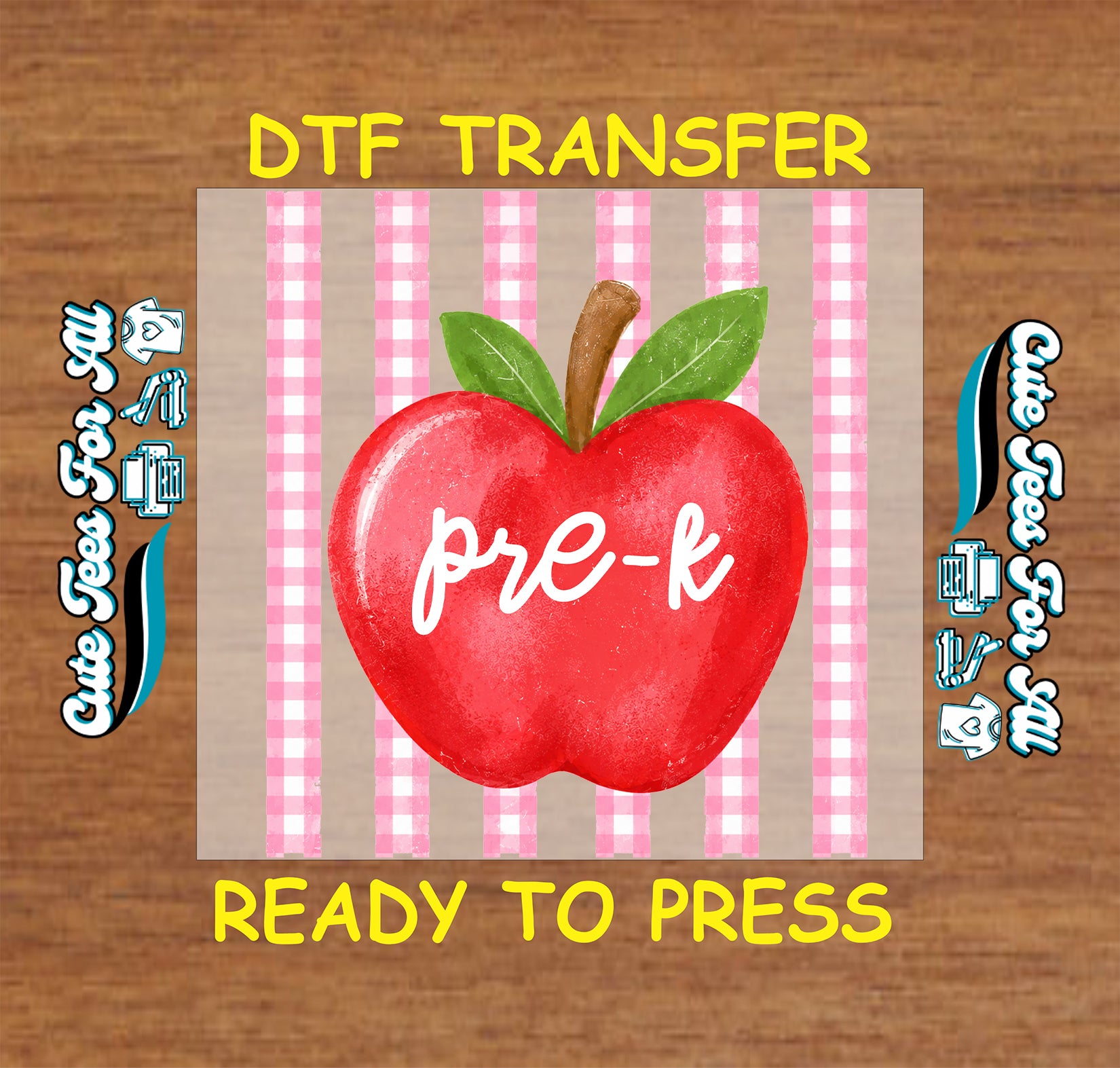Red apple with 'pre-k' text on a checkered background, labeled as DTF transfer ready to press.