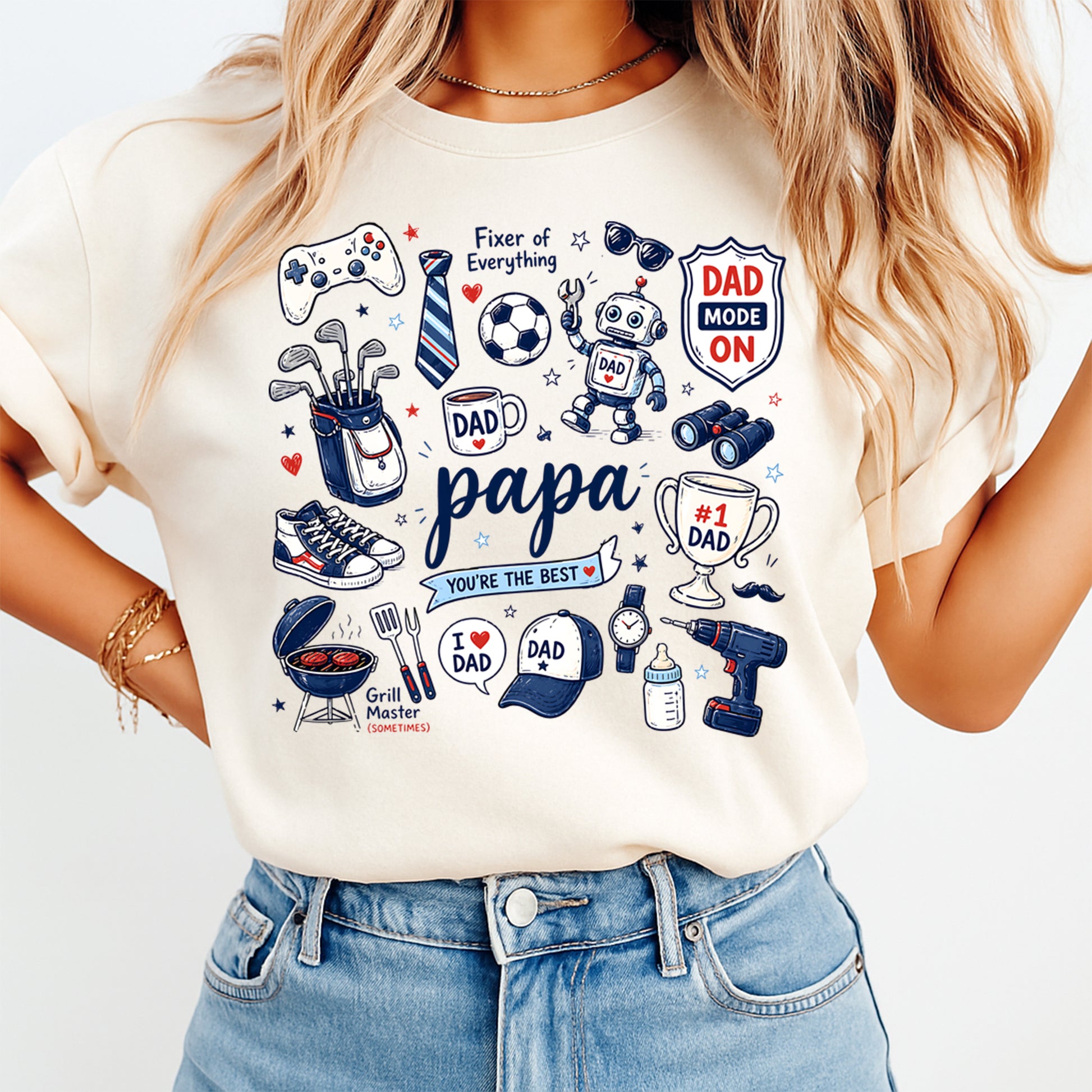 Person wearing a white t-shirt with various dad-themed graphics and text.