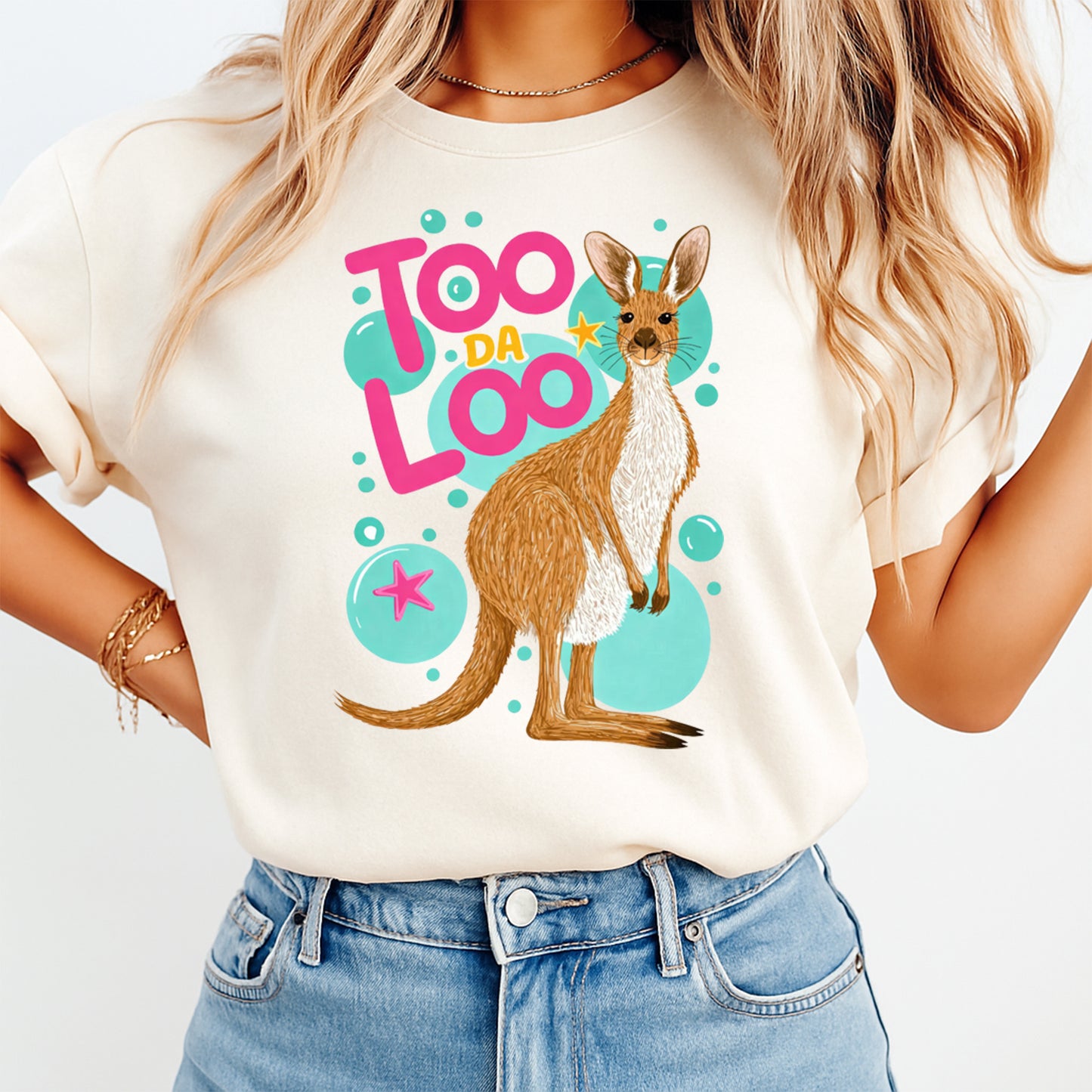 Person wearing a white t-shirt with a kangaroo graphic and text 'Too Da Loo' on a plain background