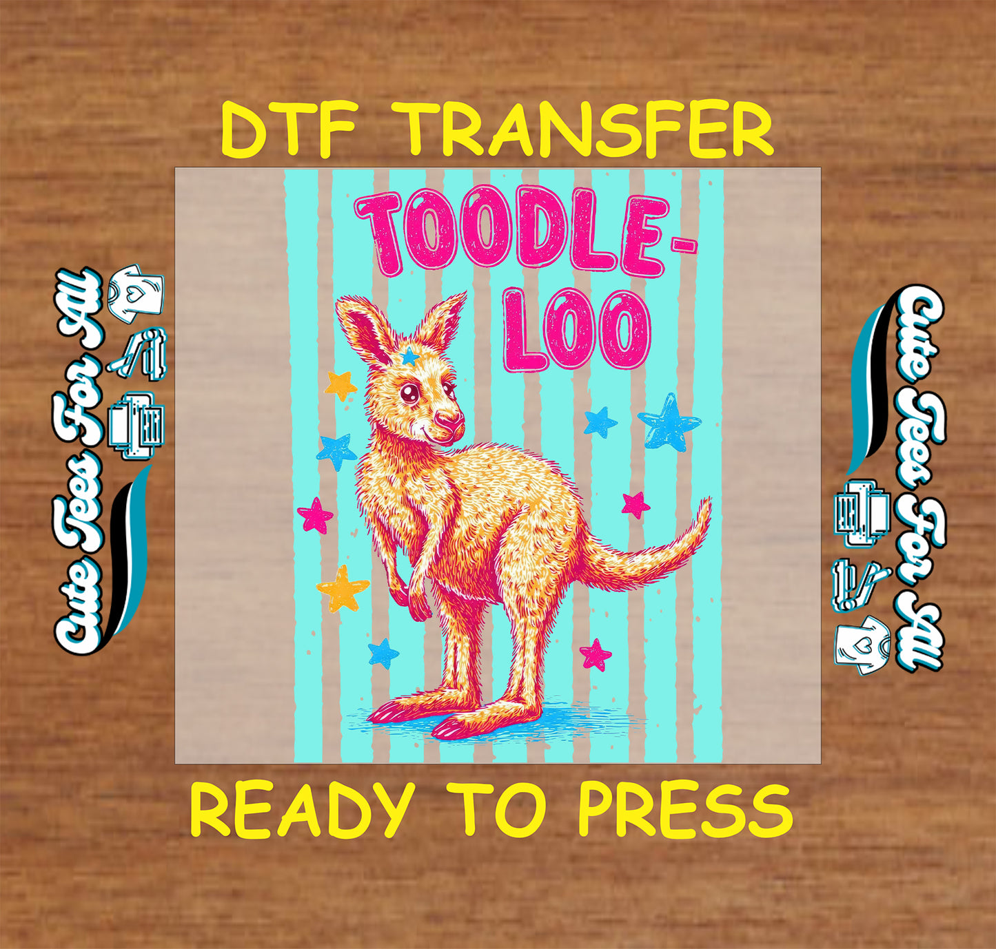 DTF transfer with kangaroo design and text on a wooden background