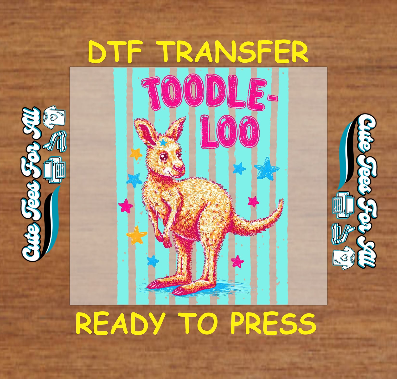 DTF transfer with kangaroo design and text on a wooden background
