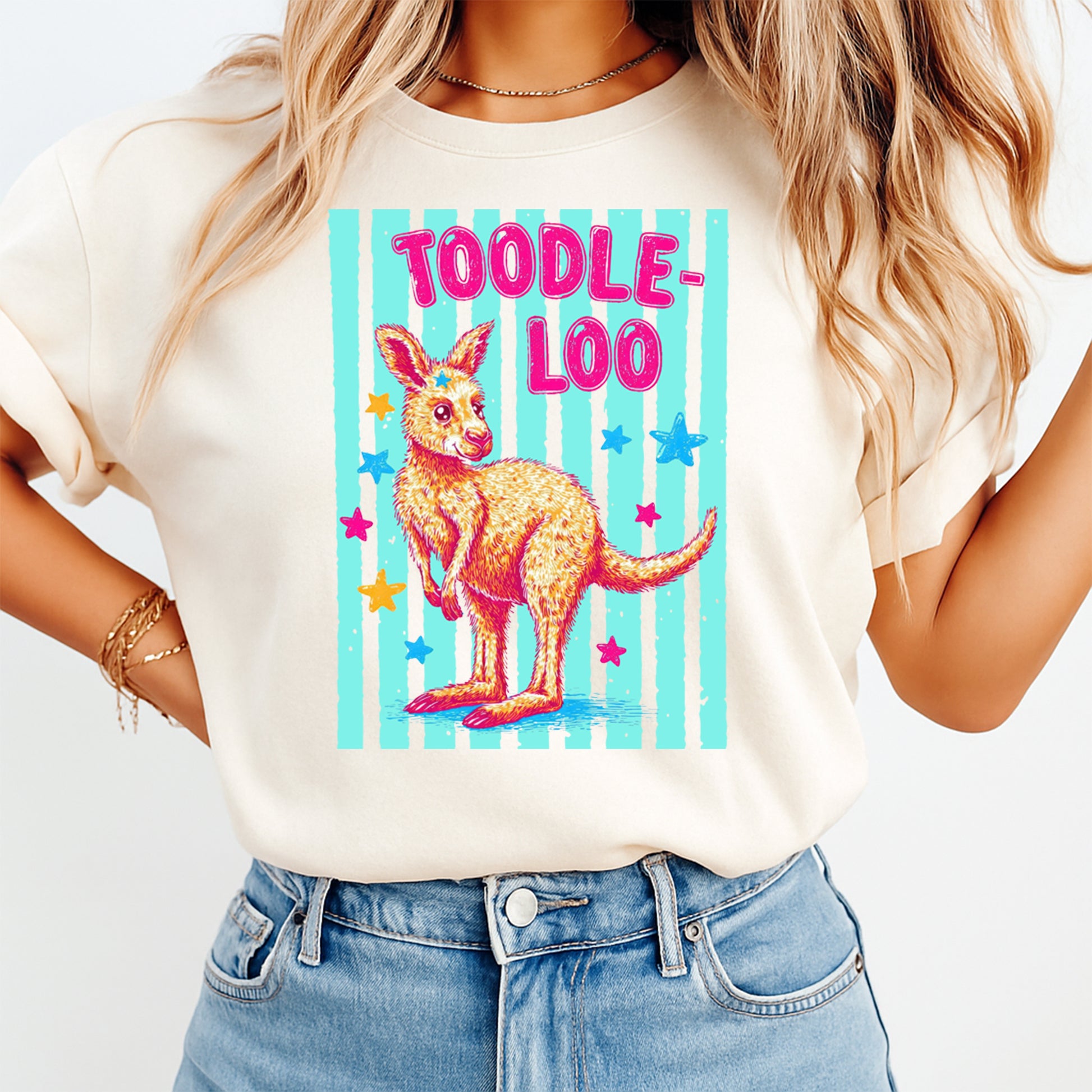 Person wearing a t-shirt with a kangaroo graphic and 'TOODLE-LOO' text on a white background