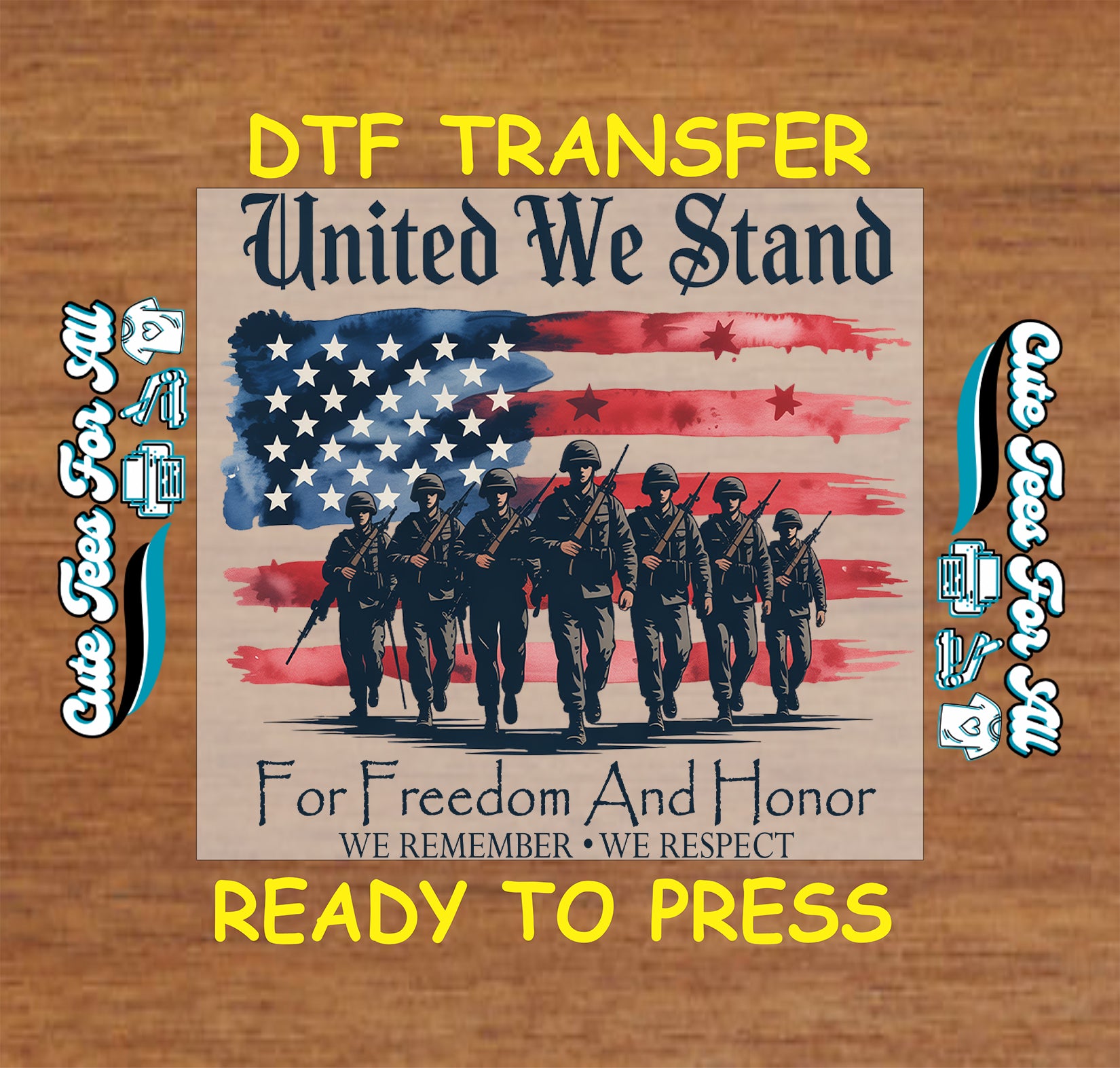 DTF transfer with American flag and soldiers on a wooden background