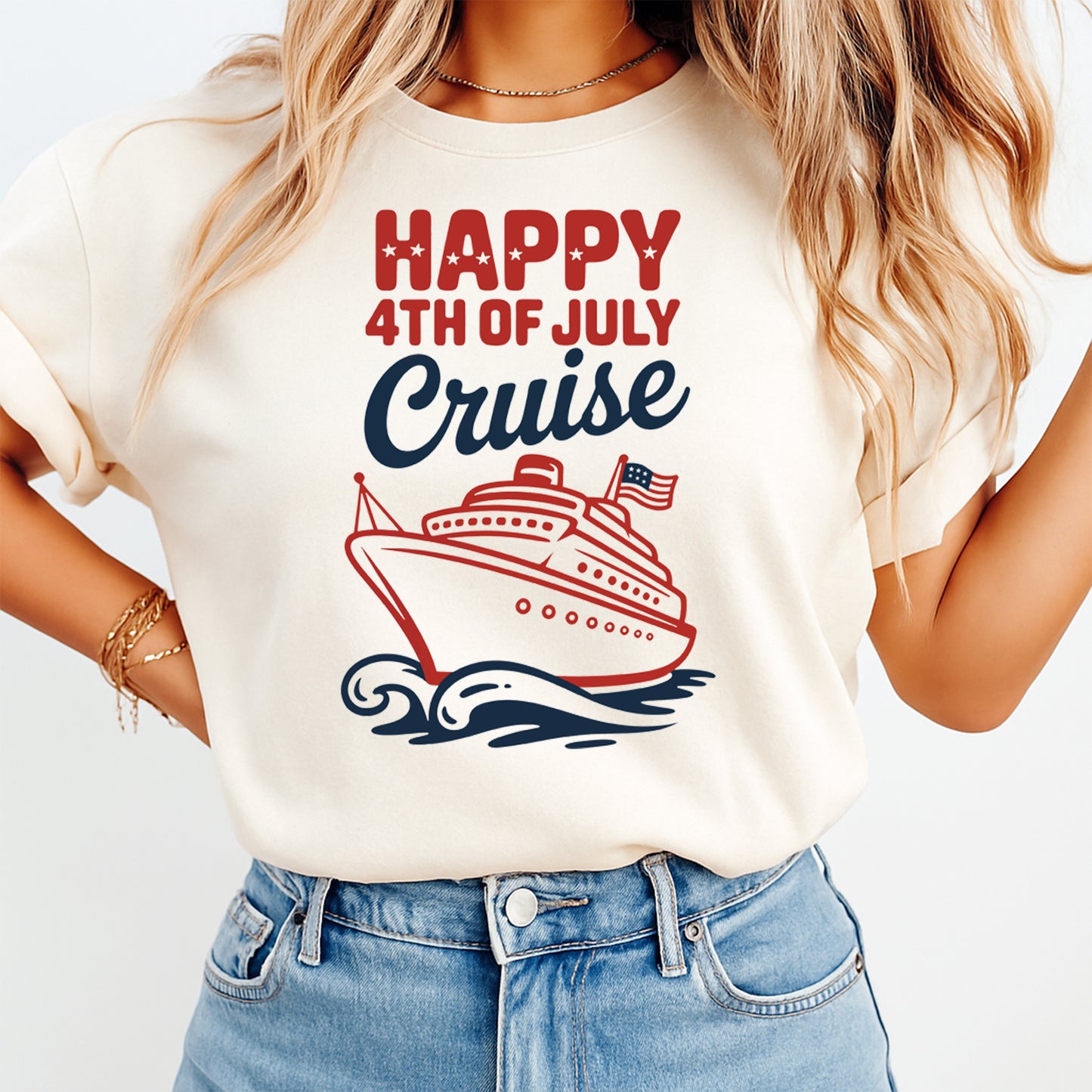 Person wearing a t-shirt with 'Happy 4th of July Cruise' design on a plain background