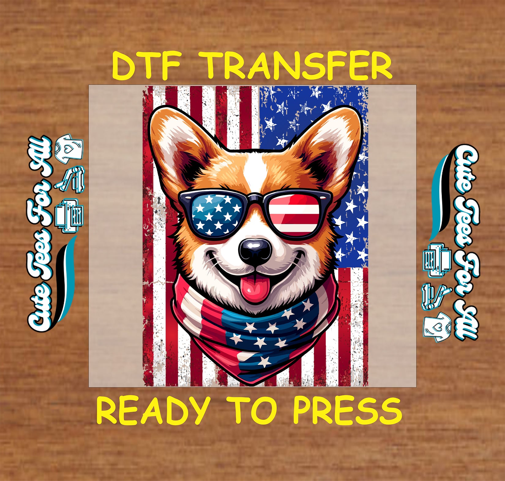 Dog wearing sunglasses and an American flag bandana on a DTF transfer with 'Cute Tees For All' branding.