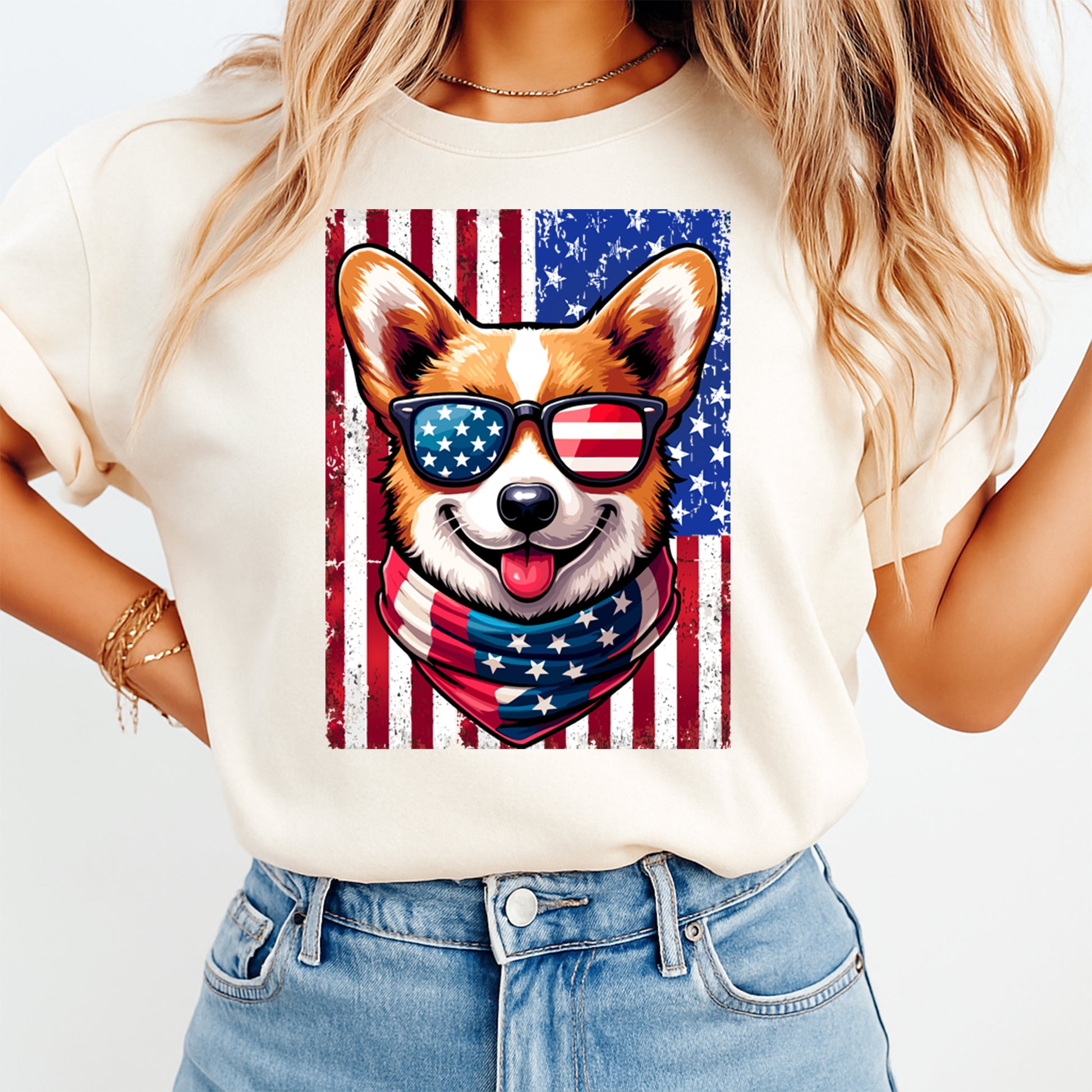 Person wearing a t-shirt with a dog graphic and American flag design.