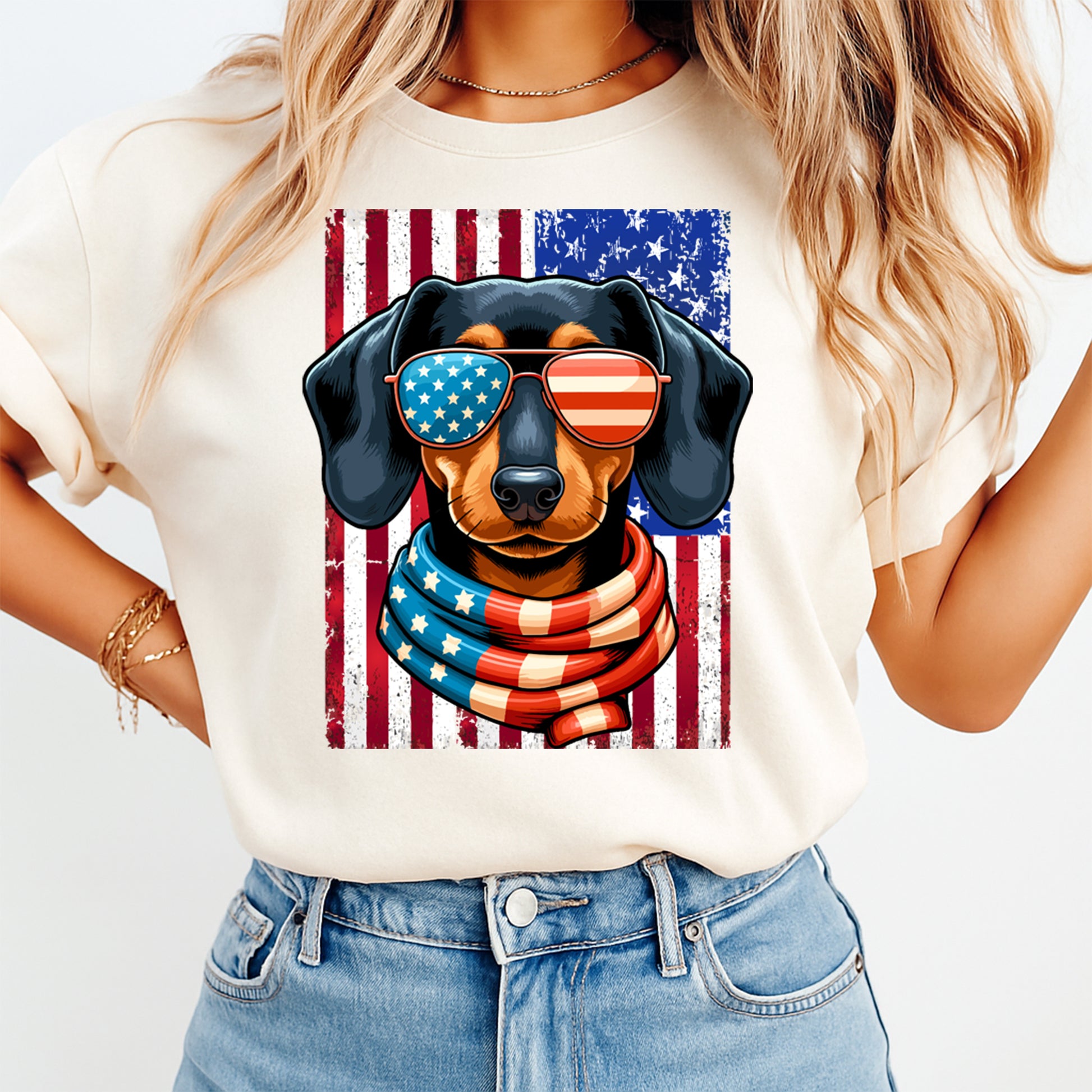 Person wearing a t-shirt with a dachshund graphic and American flag design.