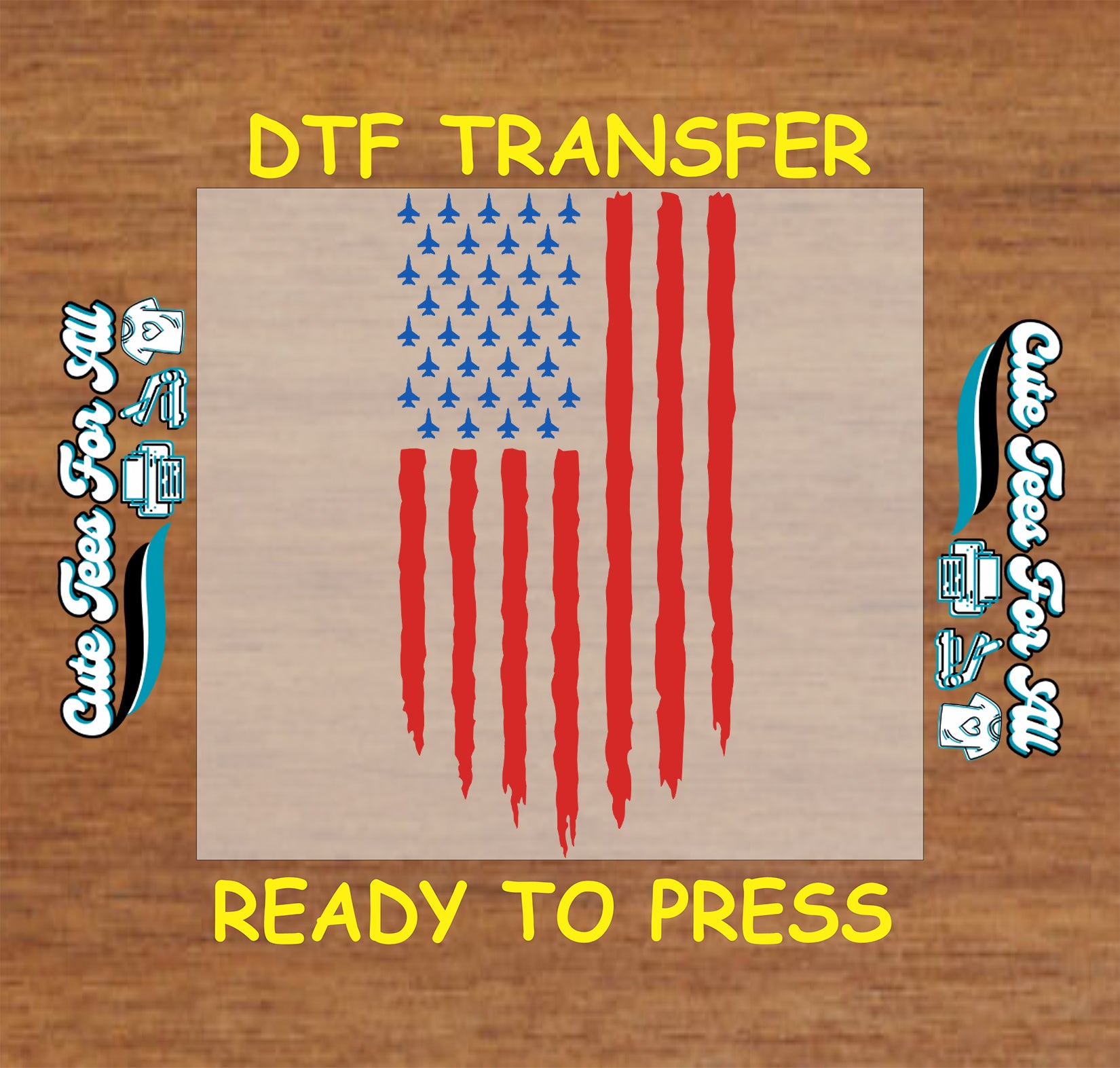 American flag Fourth of July DTF transfer with blue fighter jet silhouettes, distressed red stripes, and patriotic military inspired design.