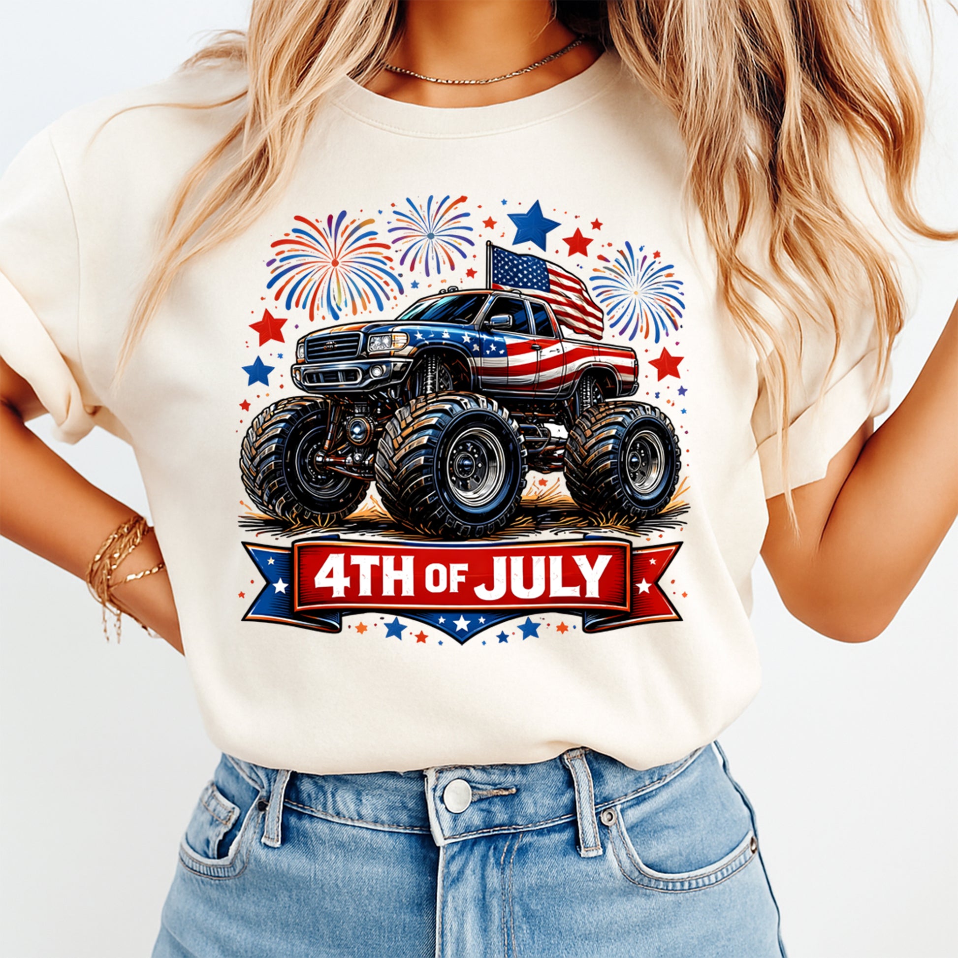 Person wearing a t-shirt with a 4th of July design featuring a monster truck and fireworks.