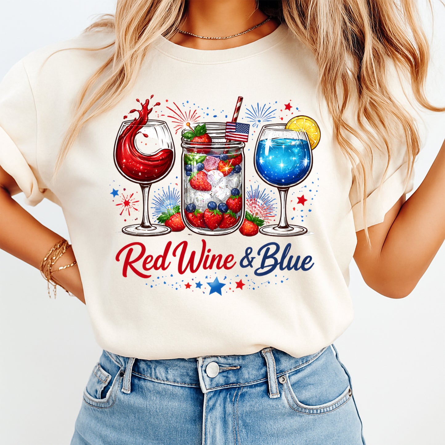 Fourth of July Red Wine and Blue DTF transfer mockup on cream shirt with patriotic wine glasses, berry mason jar, fireworks, and red white blue summer party design.