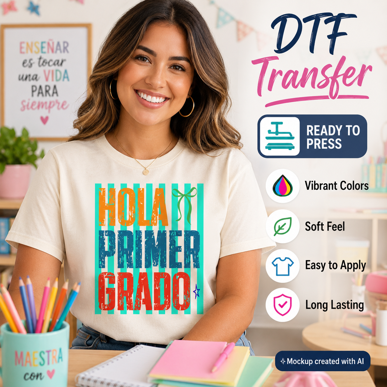 Woman wearing a t-shirt with colorful text, surrounded by school supplies and DTF transfer product information.