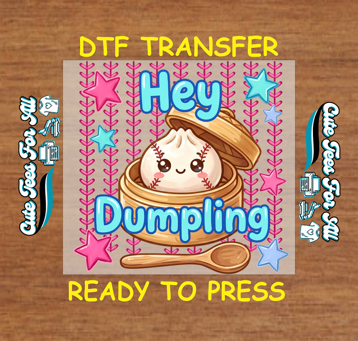 DTF transfer with a cute dumpling design on a wooden background