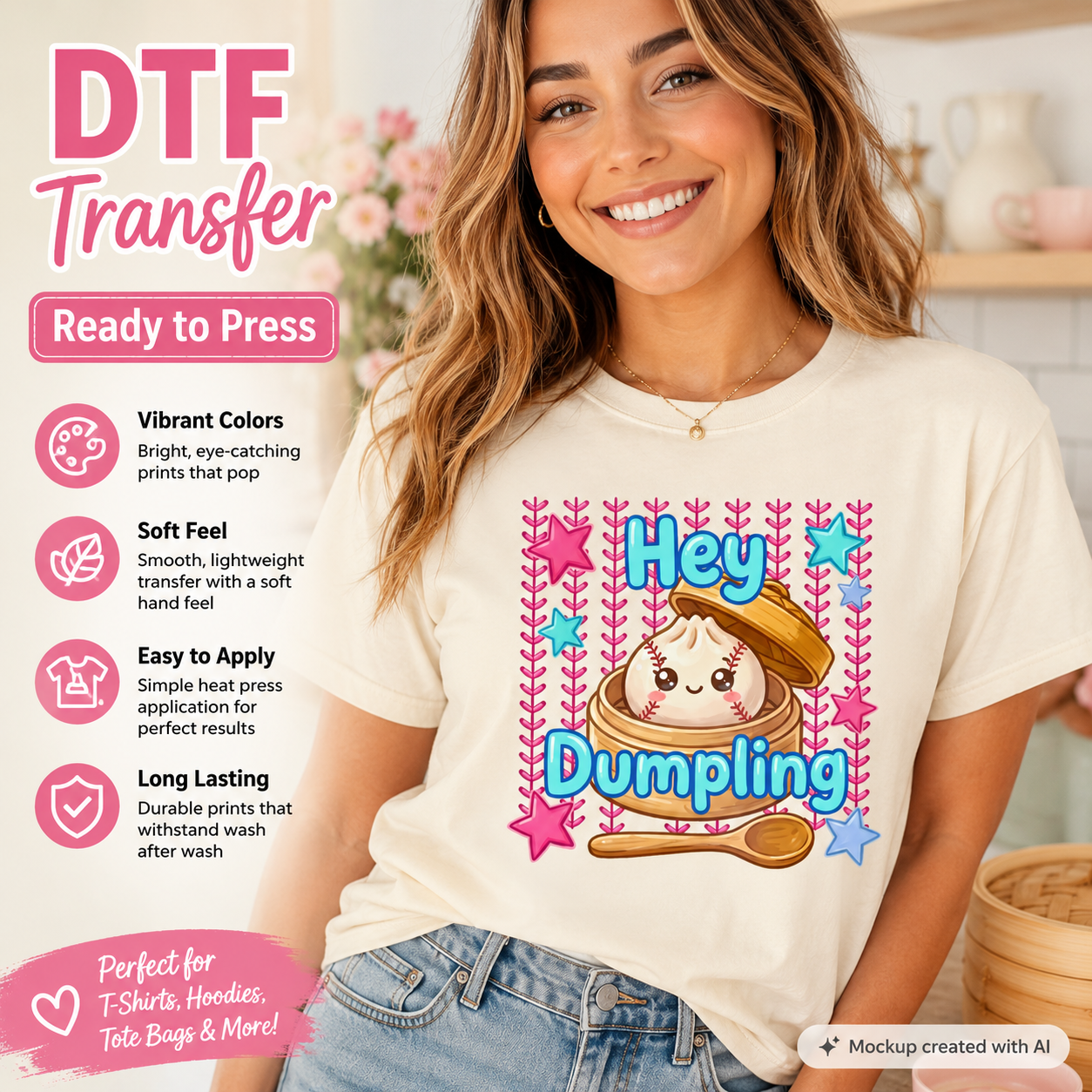 Woman wearing a t-shirt with a 'Hey Dumpling' design and DTF transfer information.
