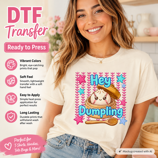Woman wearing a t-shirt with a 'Hey Dumpling' design and DTF transfer information.