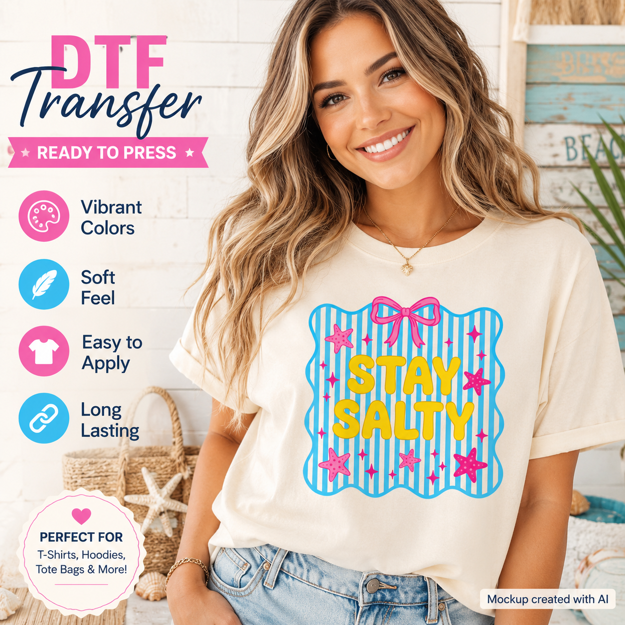 Real lifestyle mockup of a summer Stay Salty DTF transfer on a shirt, ready to press beach iron on design for DIY vacation shirts