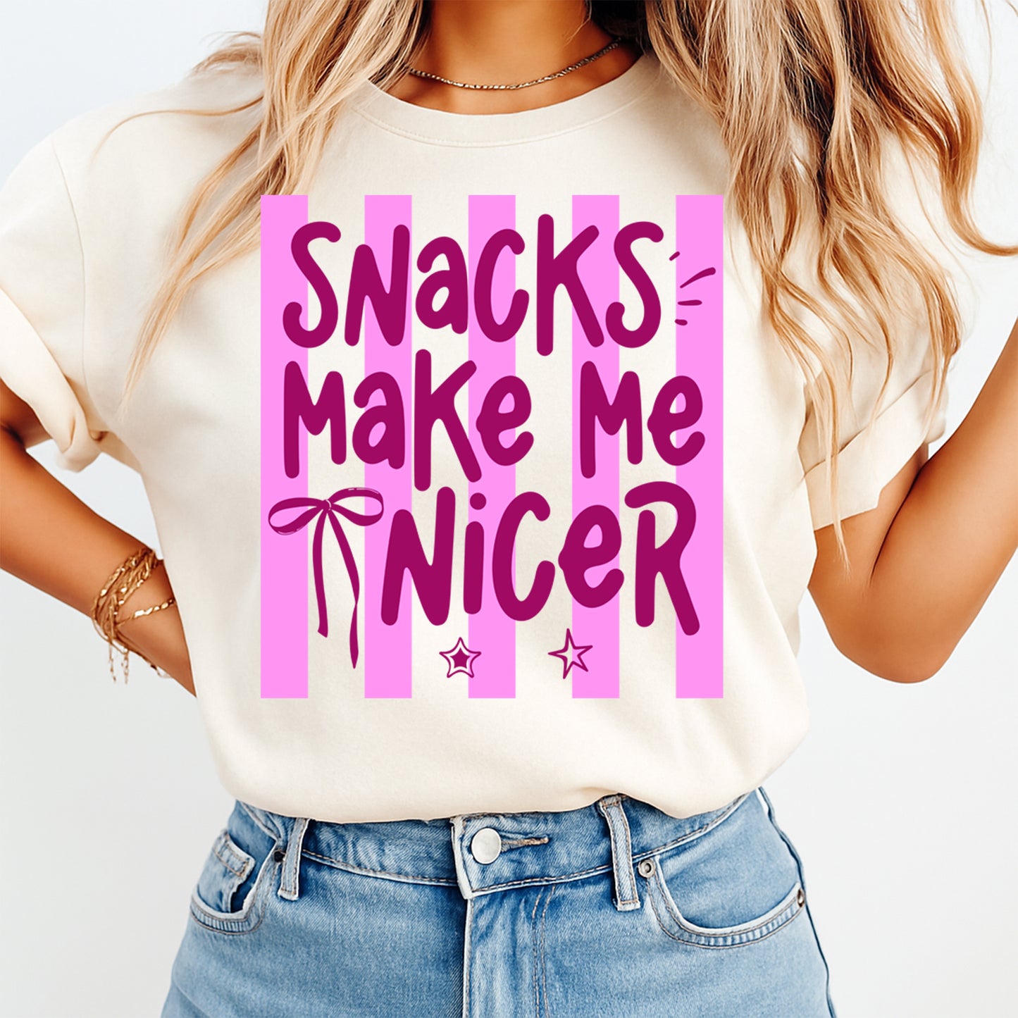 Real lifestyle mockup of a funny Snacks Make Me Nicer DTF transfer on a shirt, ready to press iron on design for DIY shirts