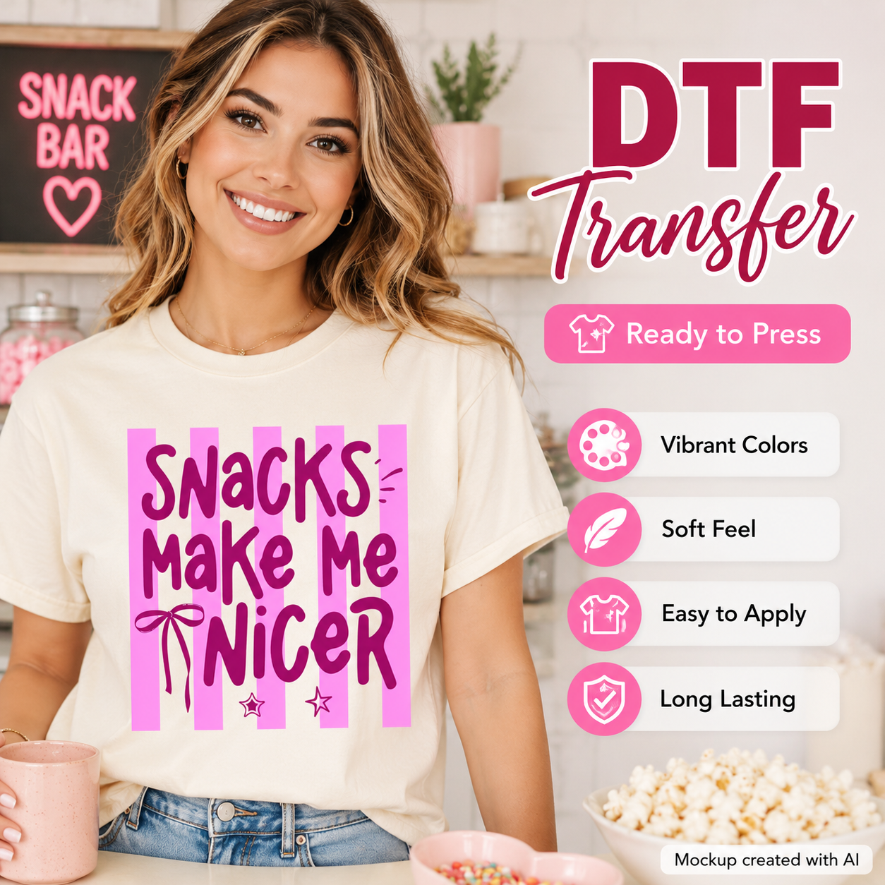Woman wearing a t-shirt with 'Snacks Make Me Tinicer' text, surrounded by snack bar items.