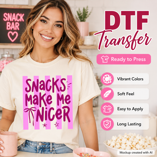 Woman wearing a t-shirt with 'Snacks Make Me Tinicer' text, surrounded by snack bar items.