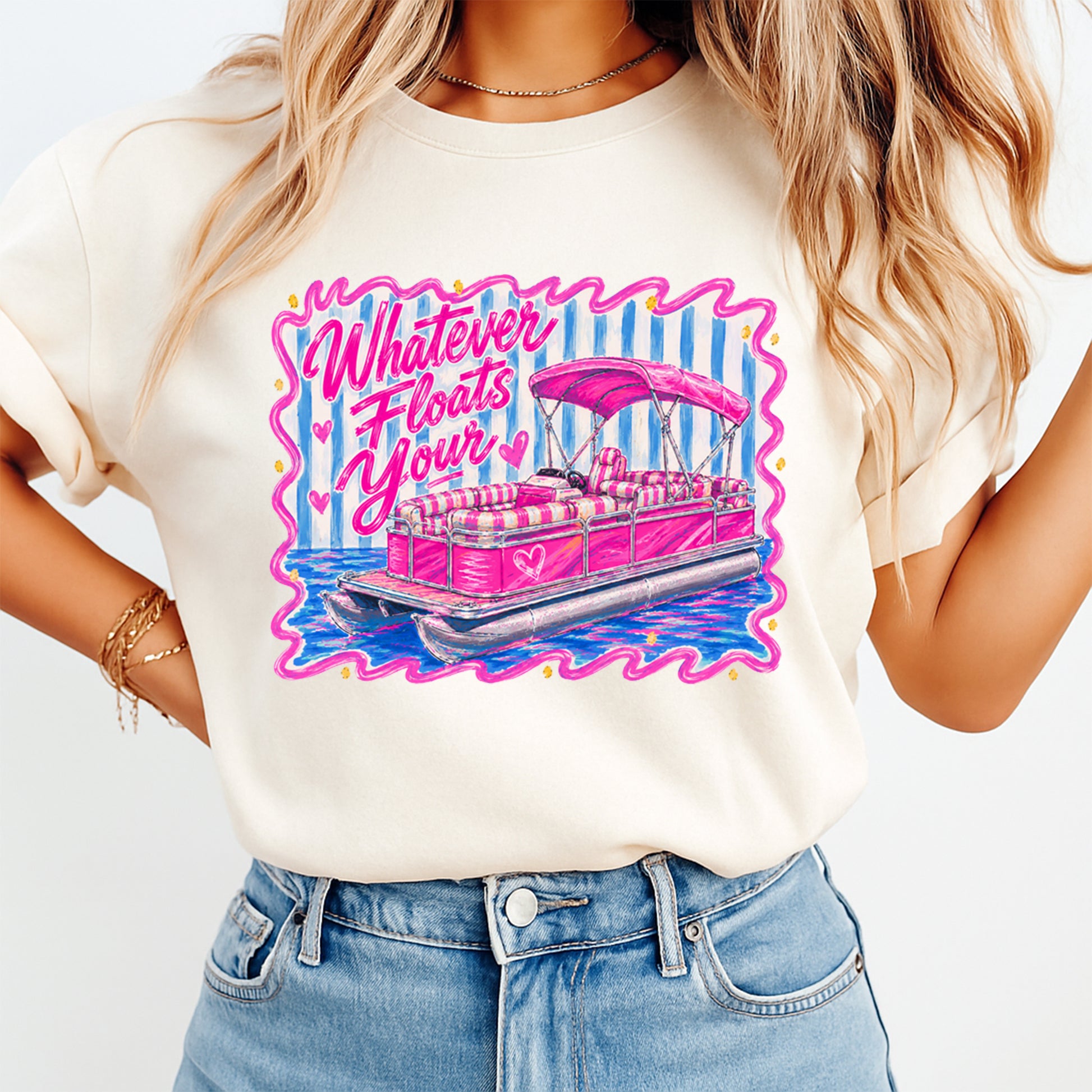 Real lifestyle mockup of a Whatever Floats Your DTF transfer on a shirt, ready to press lake life iron on design for DIY shirts