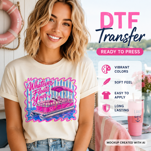 Real lifestyle mockup of a Whatever Floats Your DTF transfer on a shirt, ready to press lake life iron on design for DIY shirts