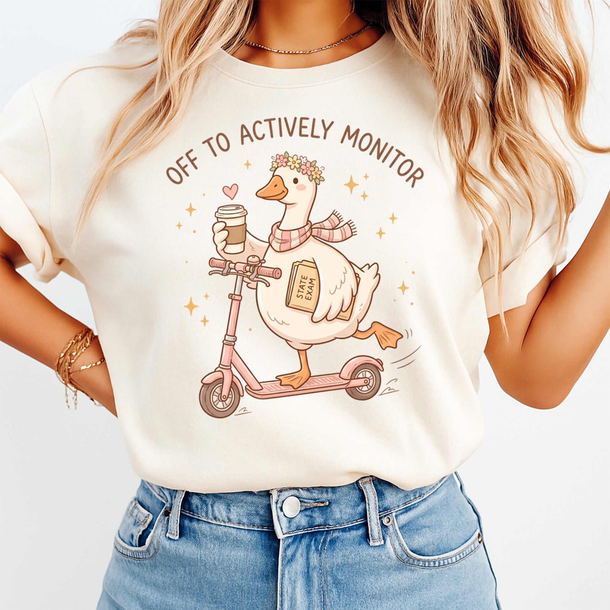 Real lifestyle mockup of an Off To Actively Monitor DTF transfer on a shirt, ready to press teacher testing iron on design for DIY shirts