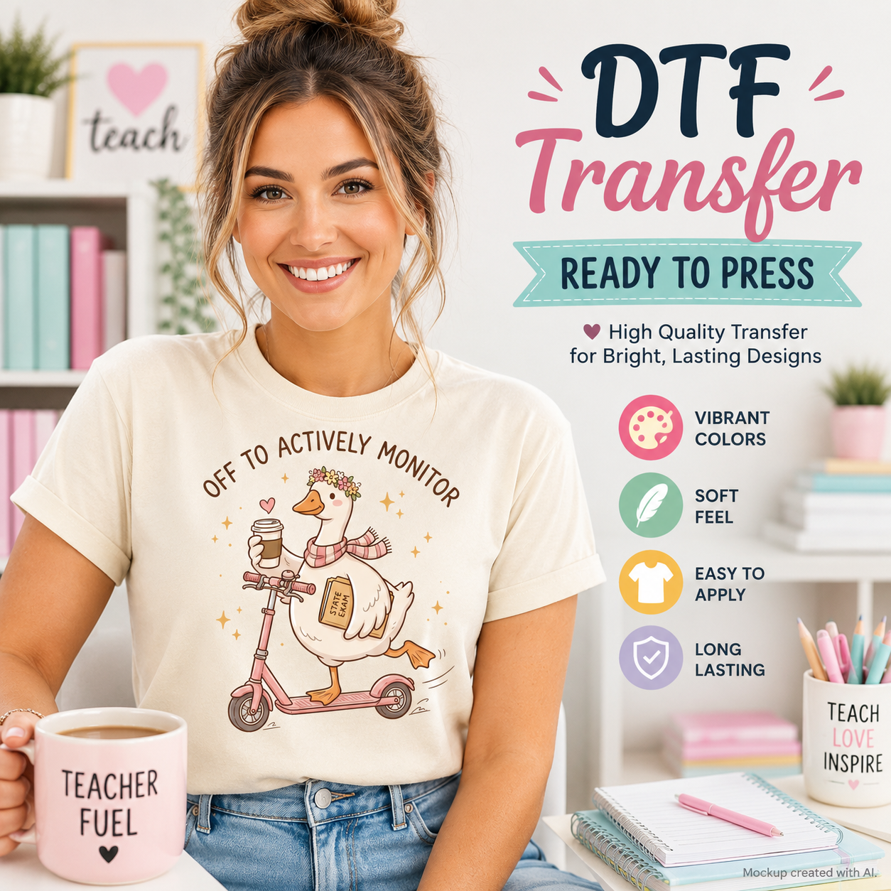 Real lifestyle mockup of an Off To Actively Monitor DTF transfer on a shirt, ready to press teacher testing iron on design for DIY shirts