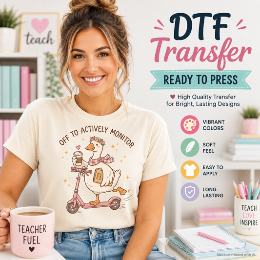 Real lifestyle mockup of an Off To Actively Monitor DTF transfer on a shirt, ready to press teacher testing iron on design for DIY shirts
