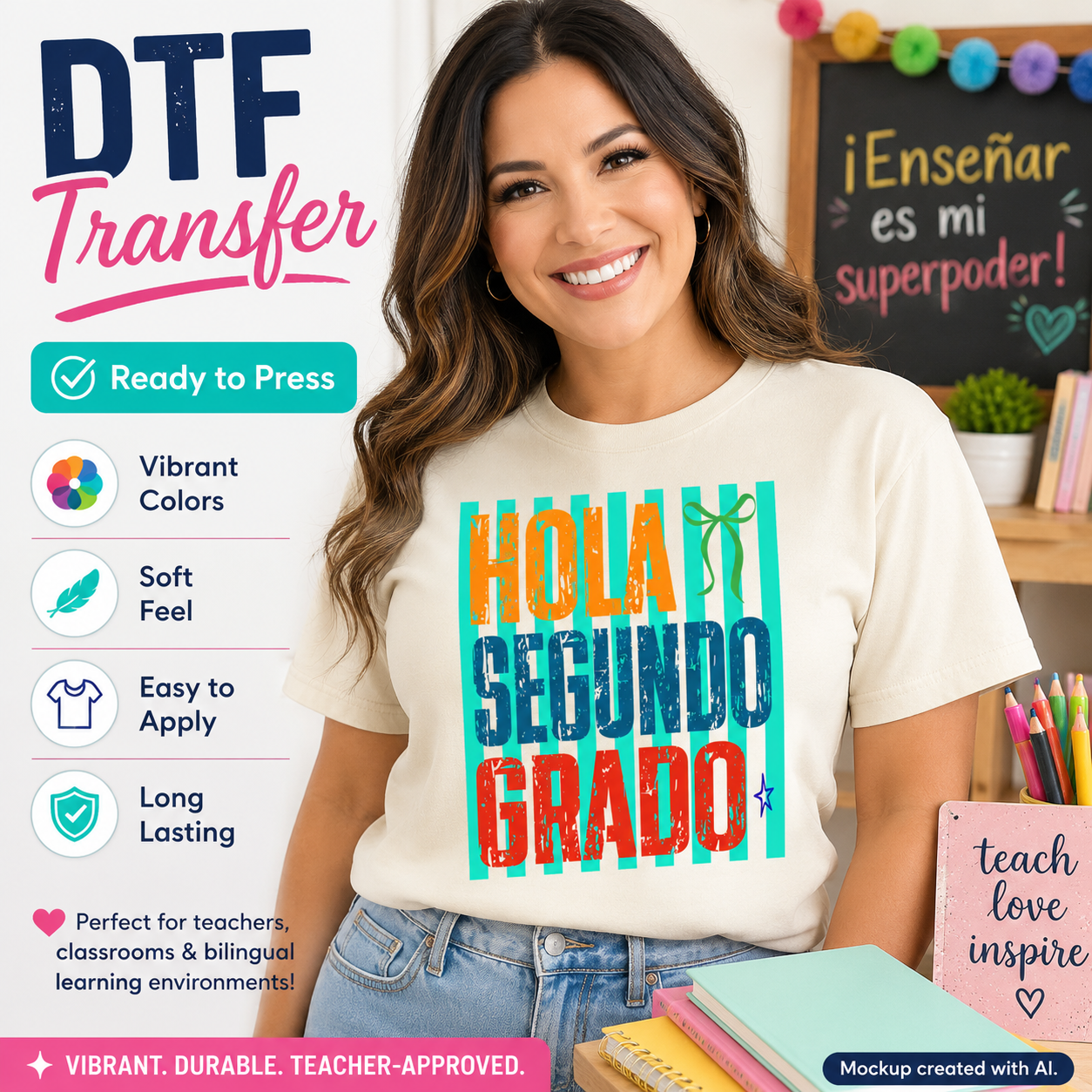 Real lifestyle mockup of a Hola Segundo Grado DTF transfer on a shirt, ready to press Spanish teacher iron on design for DIY shirts