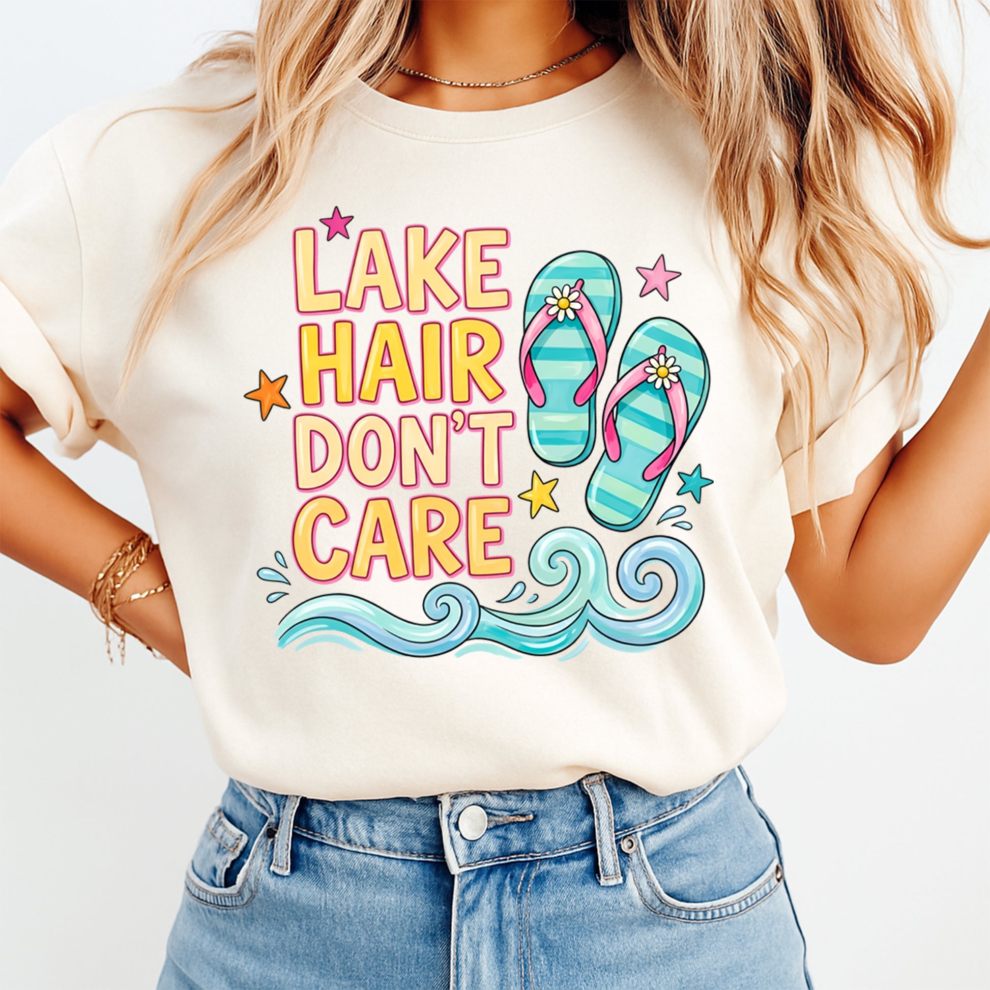 Person wearing a t-shirt with 'Lake Hair Don't Care' text and flip-flop design.