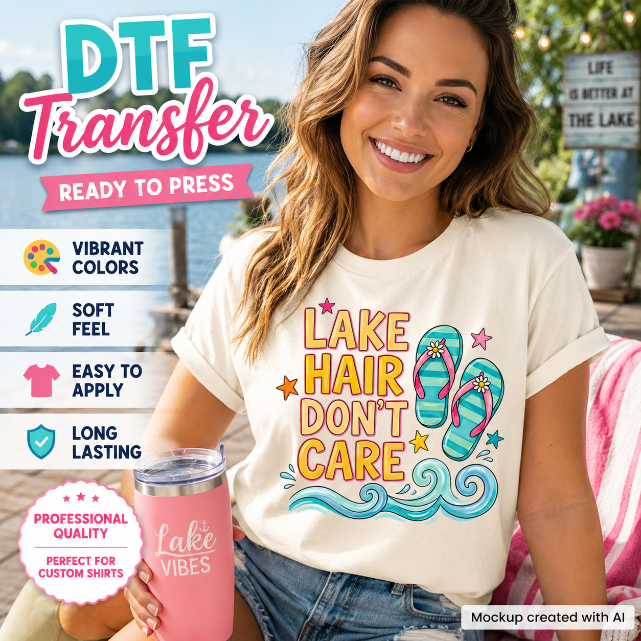 Real lifestyle mockup of a Lake Hair Don’t Care DTF transfer on a shirt, ready to press lake life iron on design for DIY summer shirts