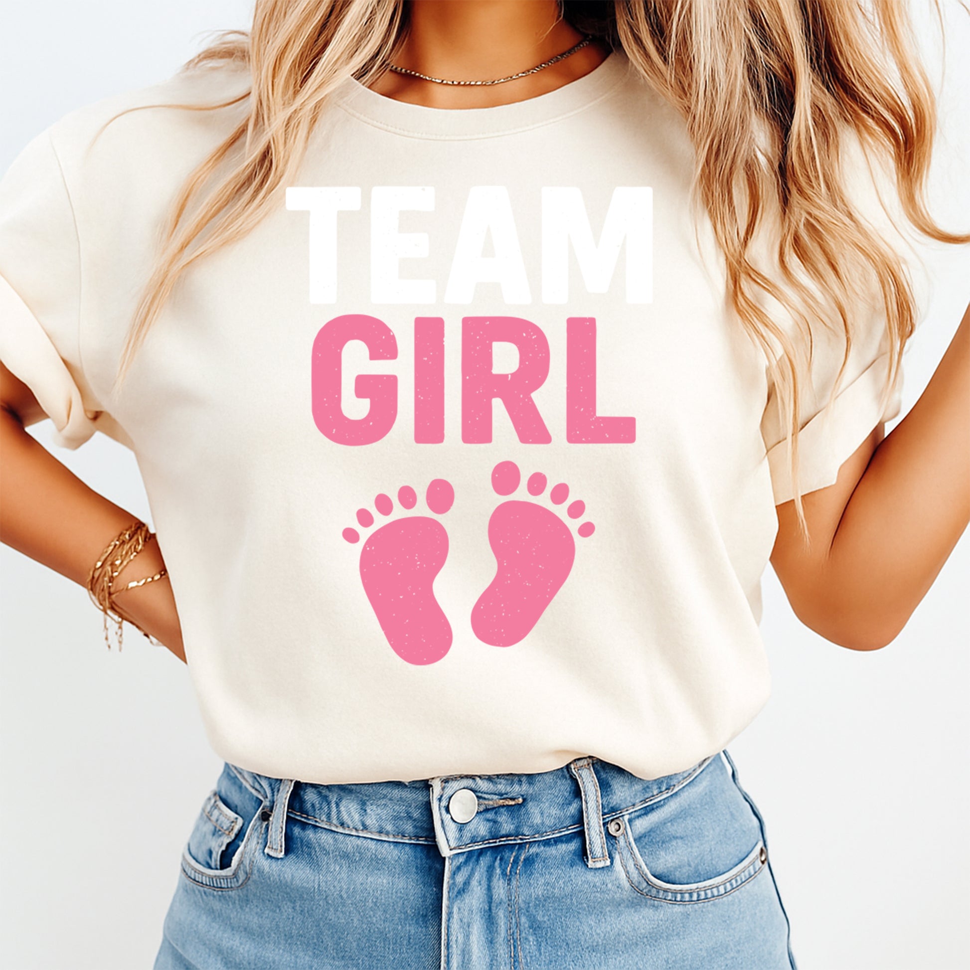 Real lifestyle mockup of a Team Girl DTF transfer on a shirt, ready to press baby girl announcement iron on design for DIY shirts