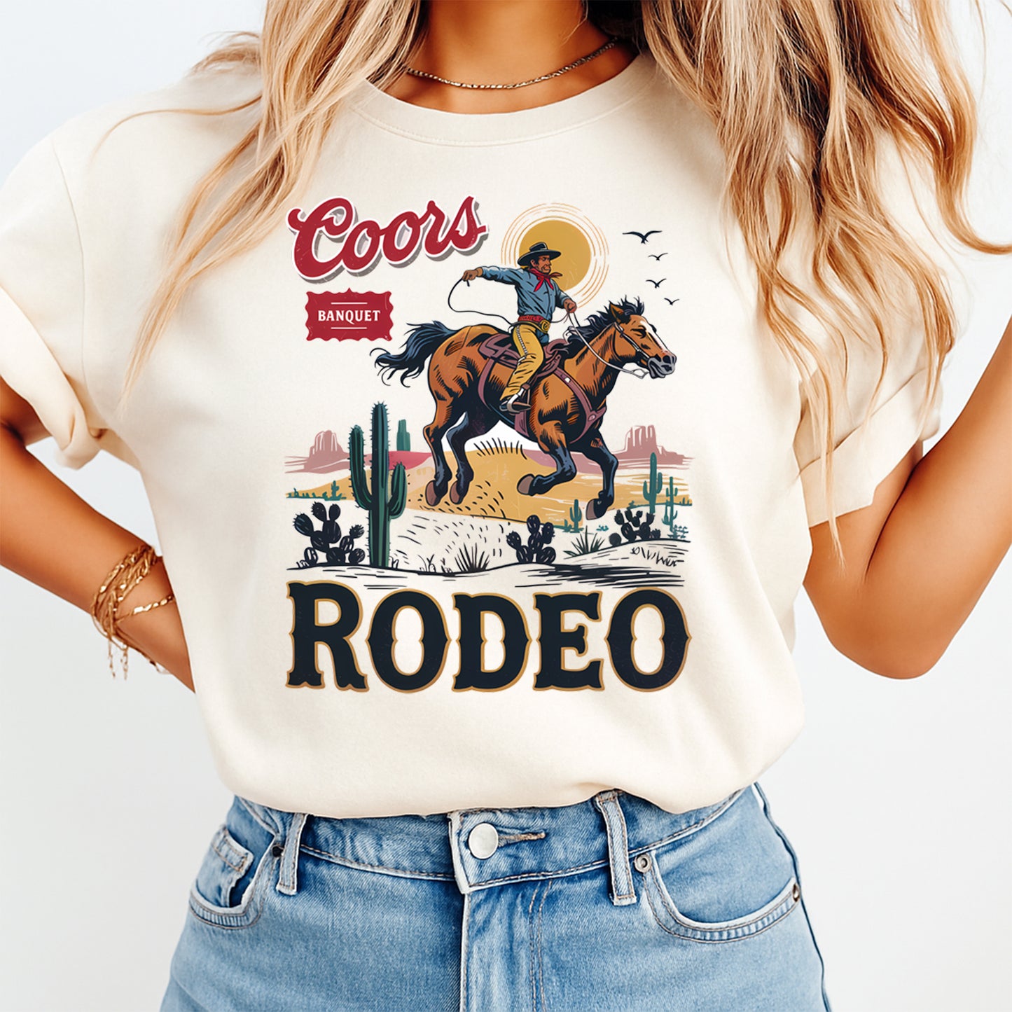 Real lifestyle mockup of a western cowboy rodeo DTF transfer on a shirt, ready to press iron on design for DIY rodeo shirts