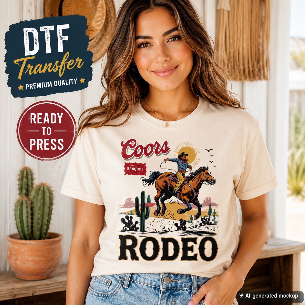 Woman wearing a t-shirt with  Western Rodeo design in a casual setting