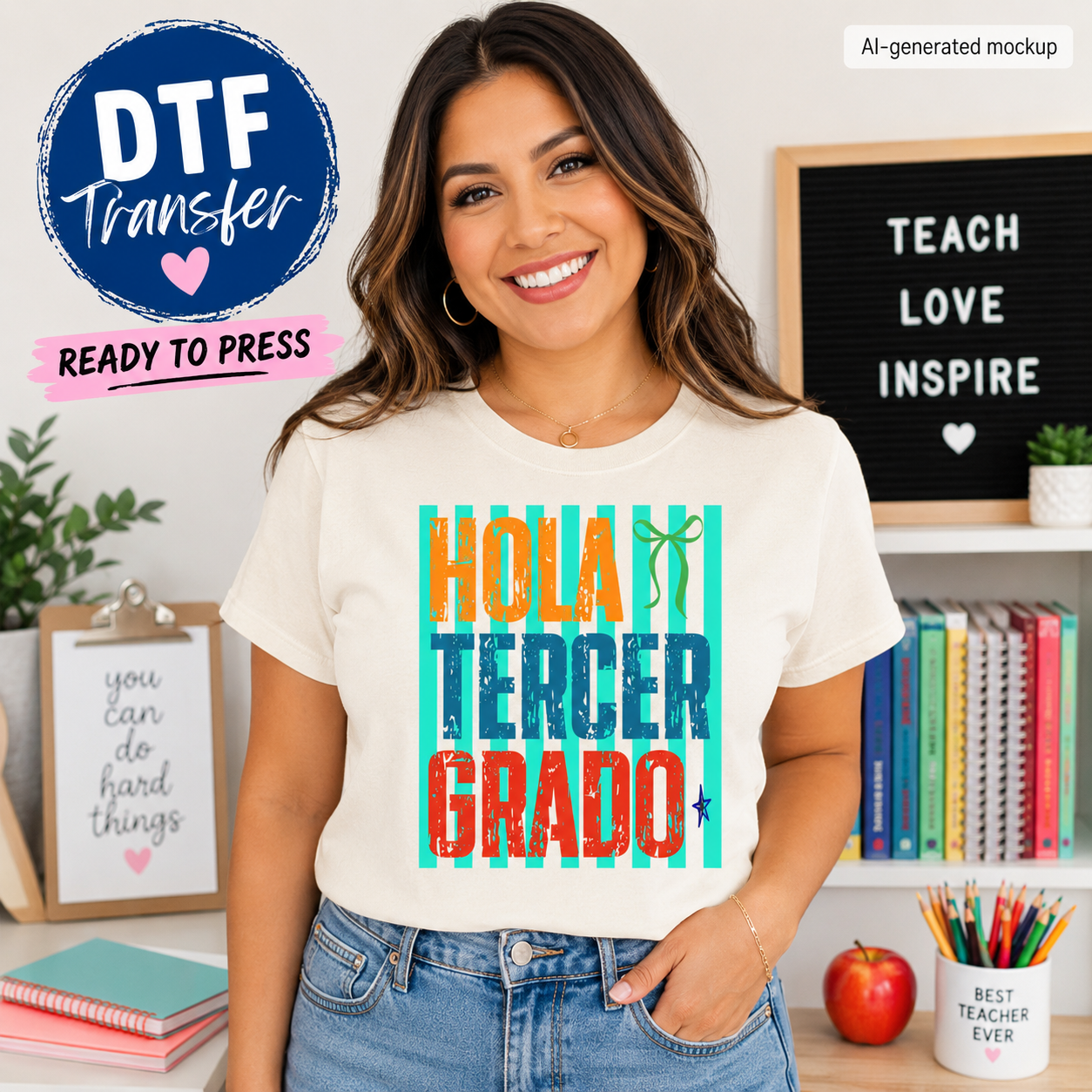 Real lifestyle mockup of a Hola Tercer Grado DTF transfer on a shirt, ready to press Spanish teacher iron on design for DIY shirts