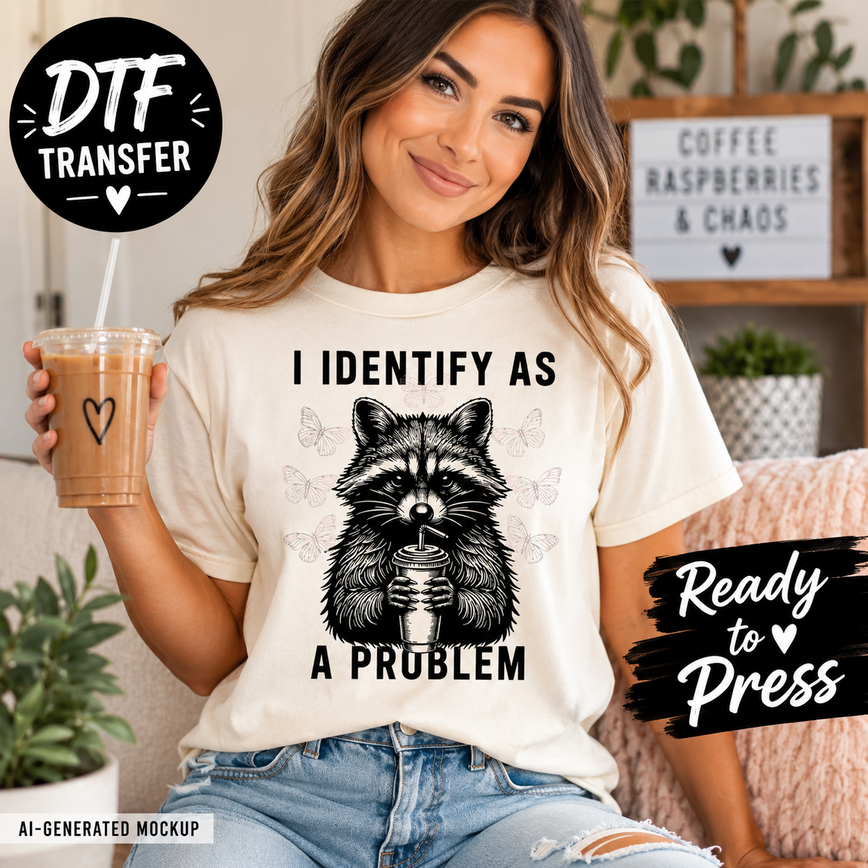 Woman wearing a t-shirt with a raccoon graphic and text, holding a coffee cup.