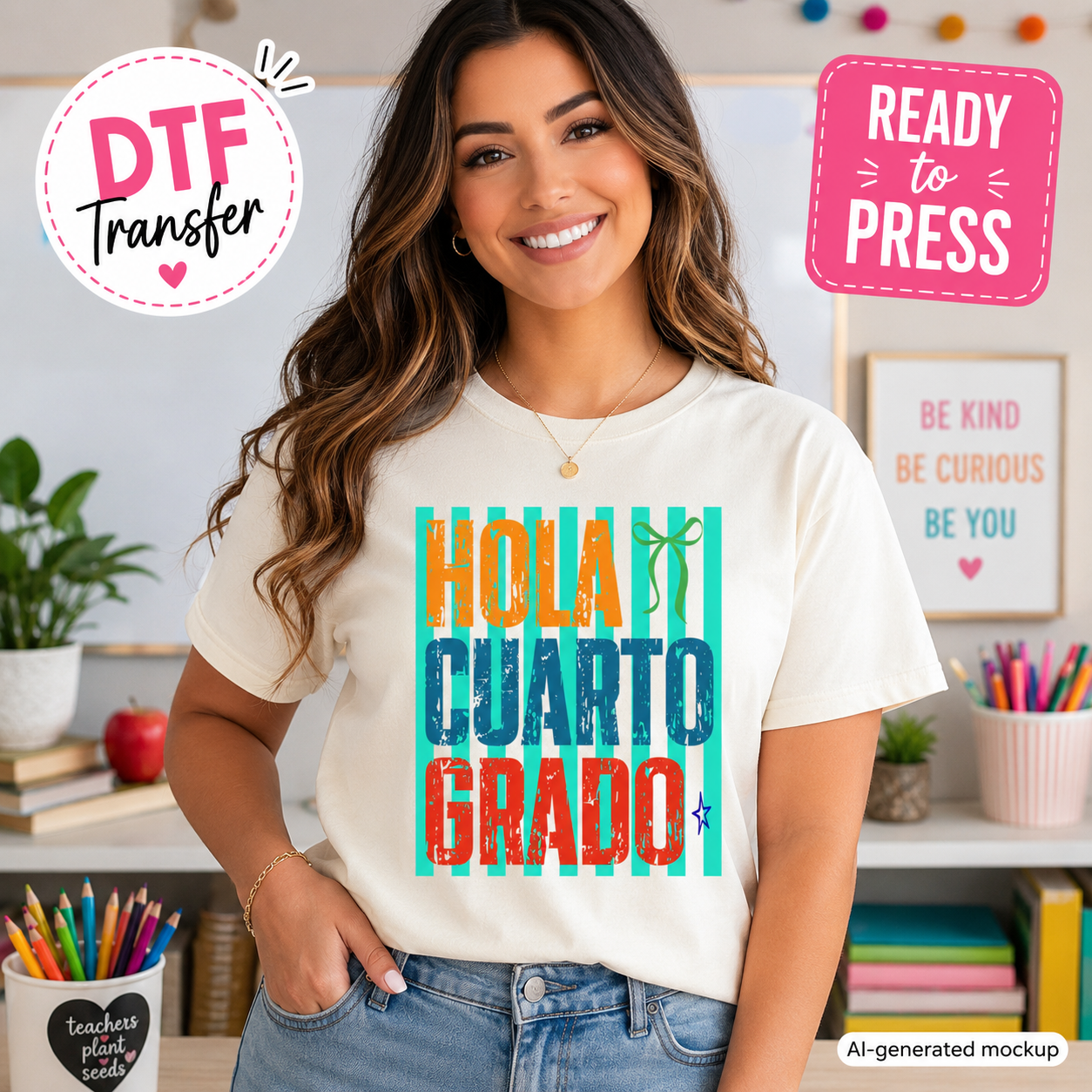 Woman wearing a t-shirt with 'Hola Cuarto Grado' text in a classroom setting
