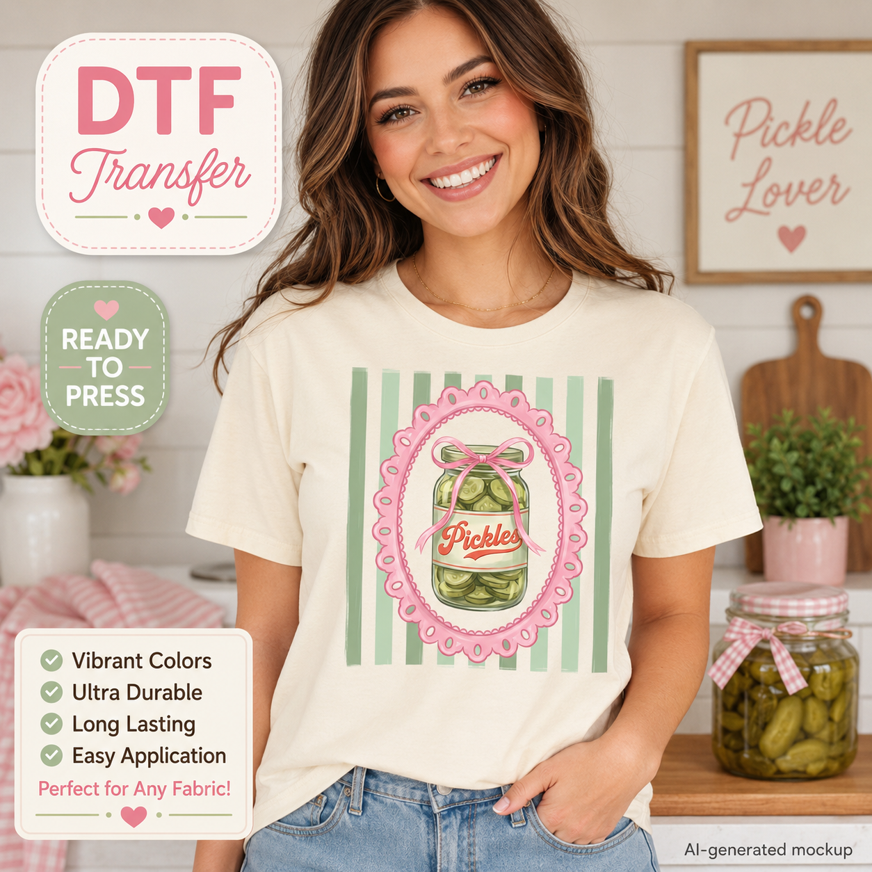 Woman wearing a t-shirt with a pickle design and DTF transfer text overlay.
