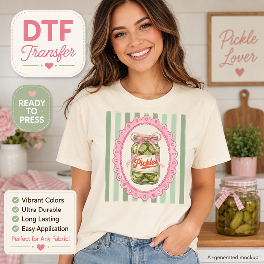 Woman wearing a t-shirt with a pickle design and DTF transfer text overlay.