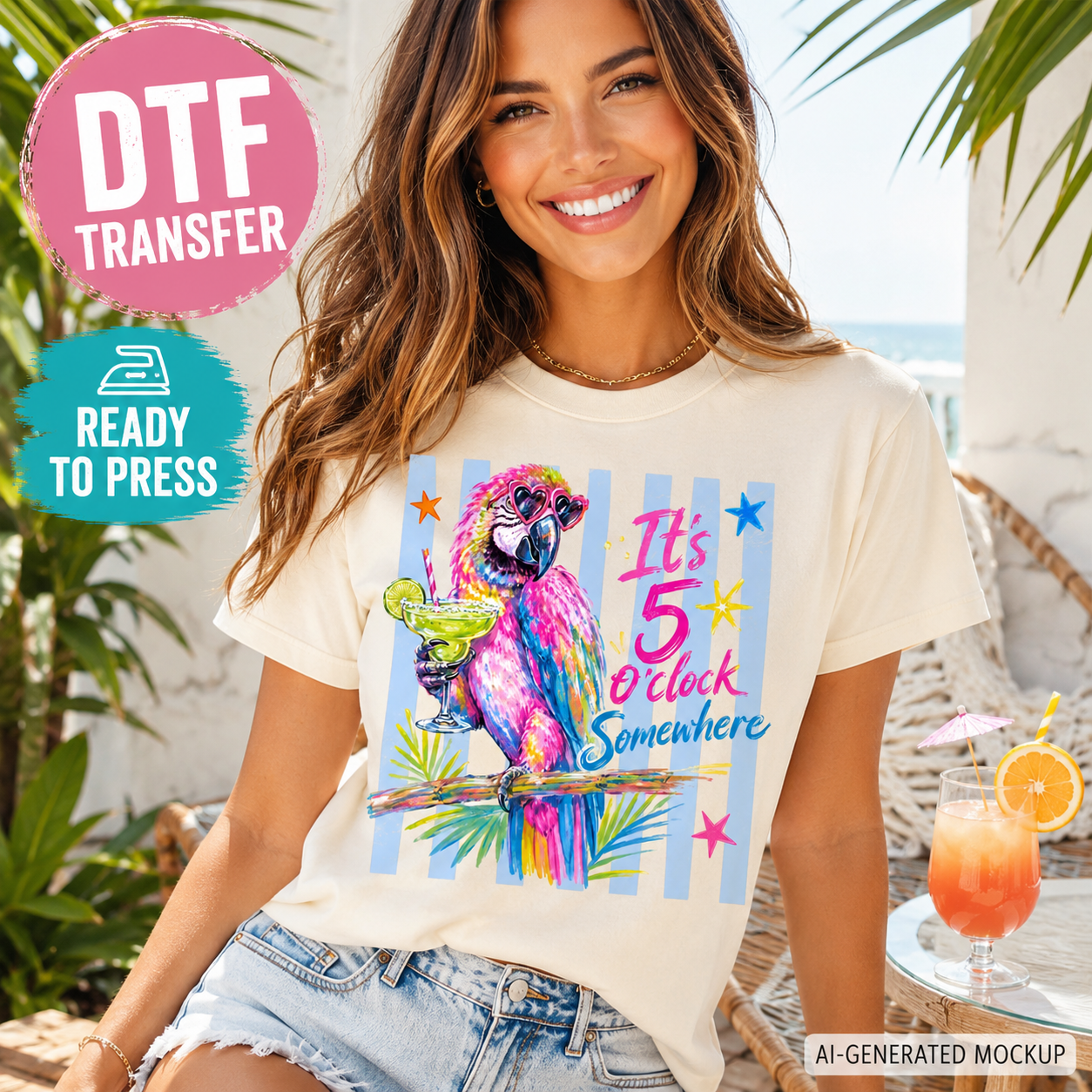 Woman wearing a t-shirt with a colorful parrot design and text, sitting outdoors.