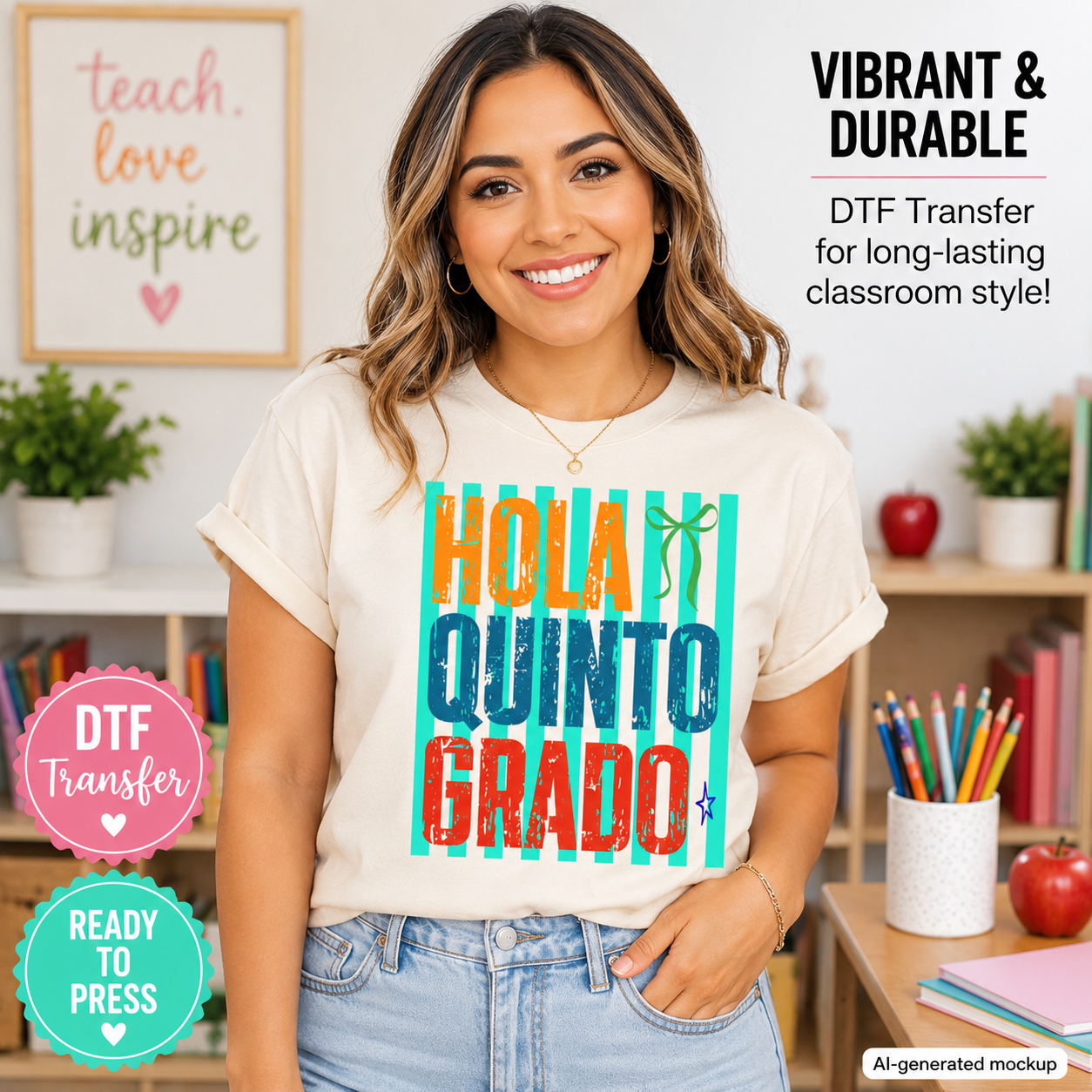 Woman wearing a t-shirt with 'Hola Quinto Grado' text in a classroom setting