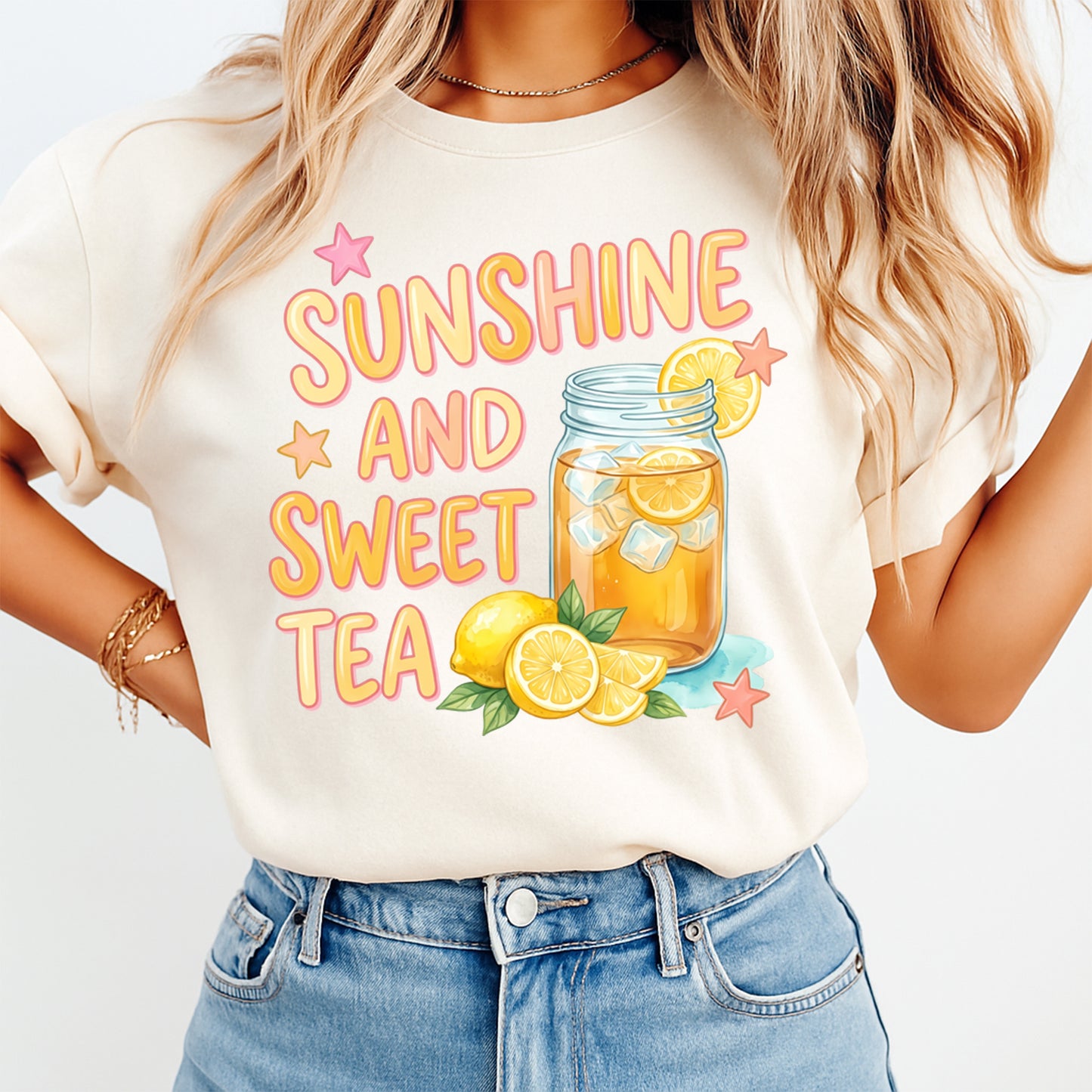 Person wearing a t-shirt with 'Sunshine and Sweet Tea' design on a plain background