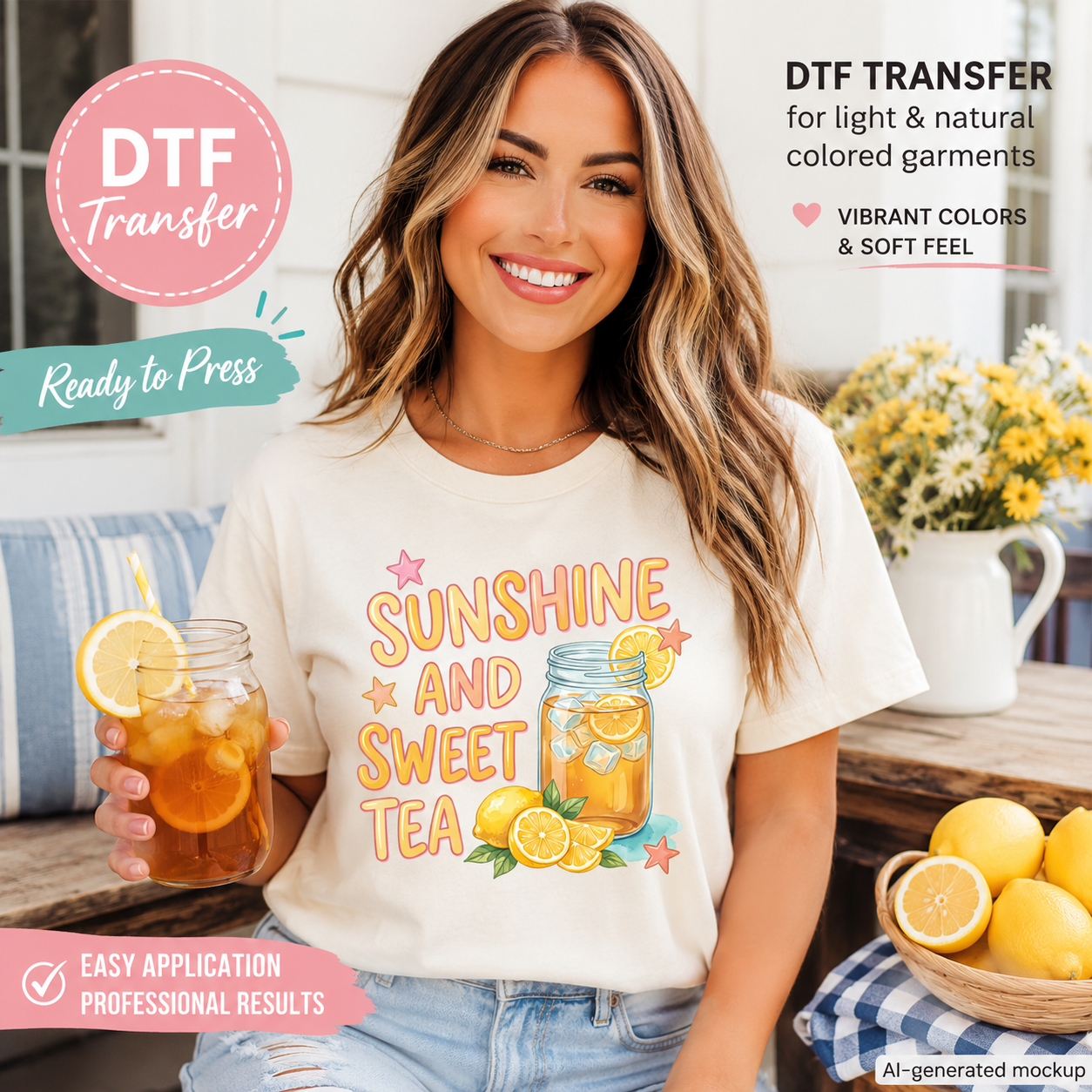 Woman wearing a t-shirt with 'Sunshine and Sweet Tea' design, holding iced tea, with promotional text for DTF transfer.