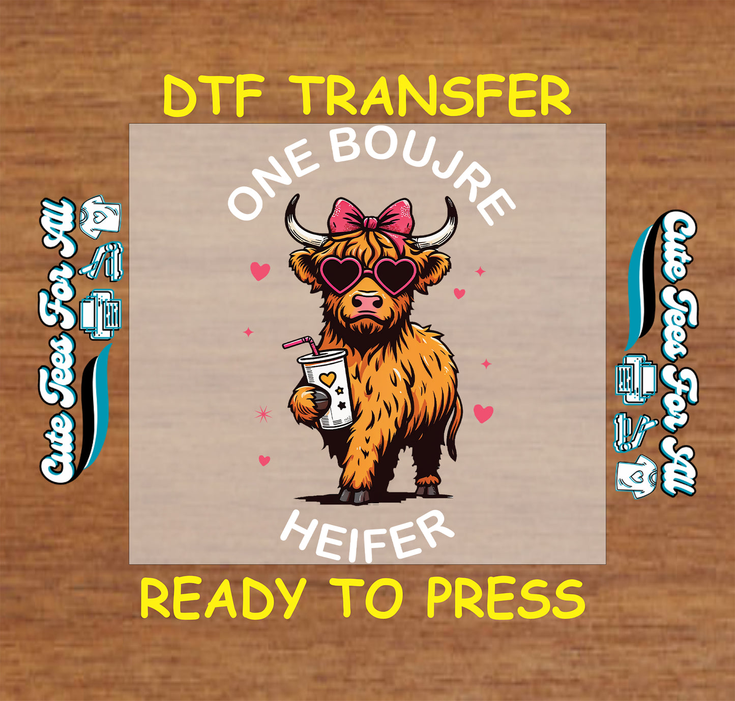DTF transfer with a cartoon cow holding a coffee cup on a wooden background