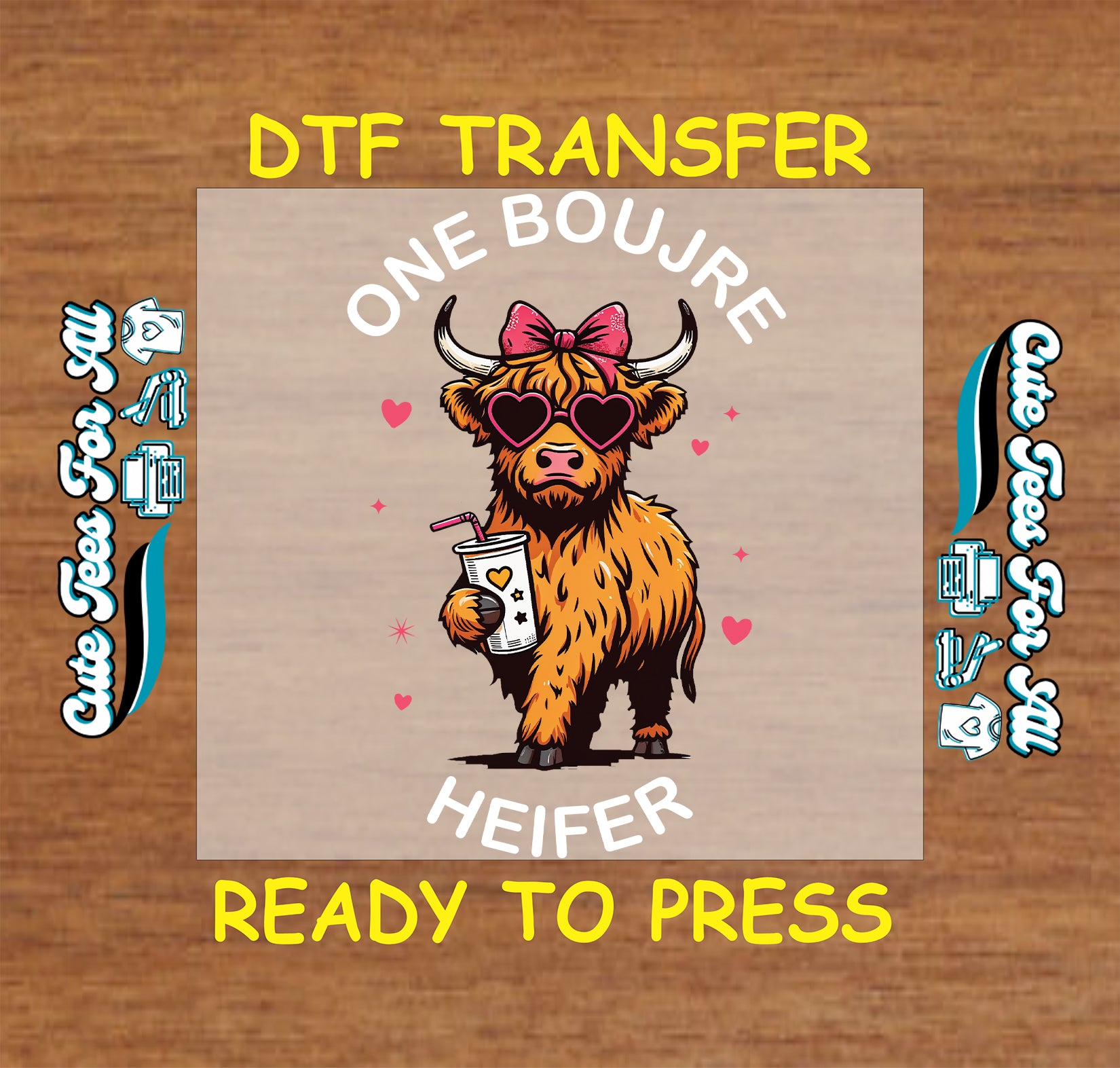 DTF transfer with a cartoon cow holding a coffee cup on a wooden background