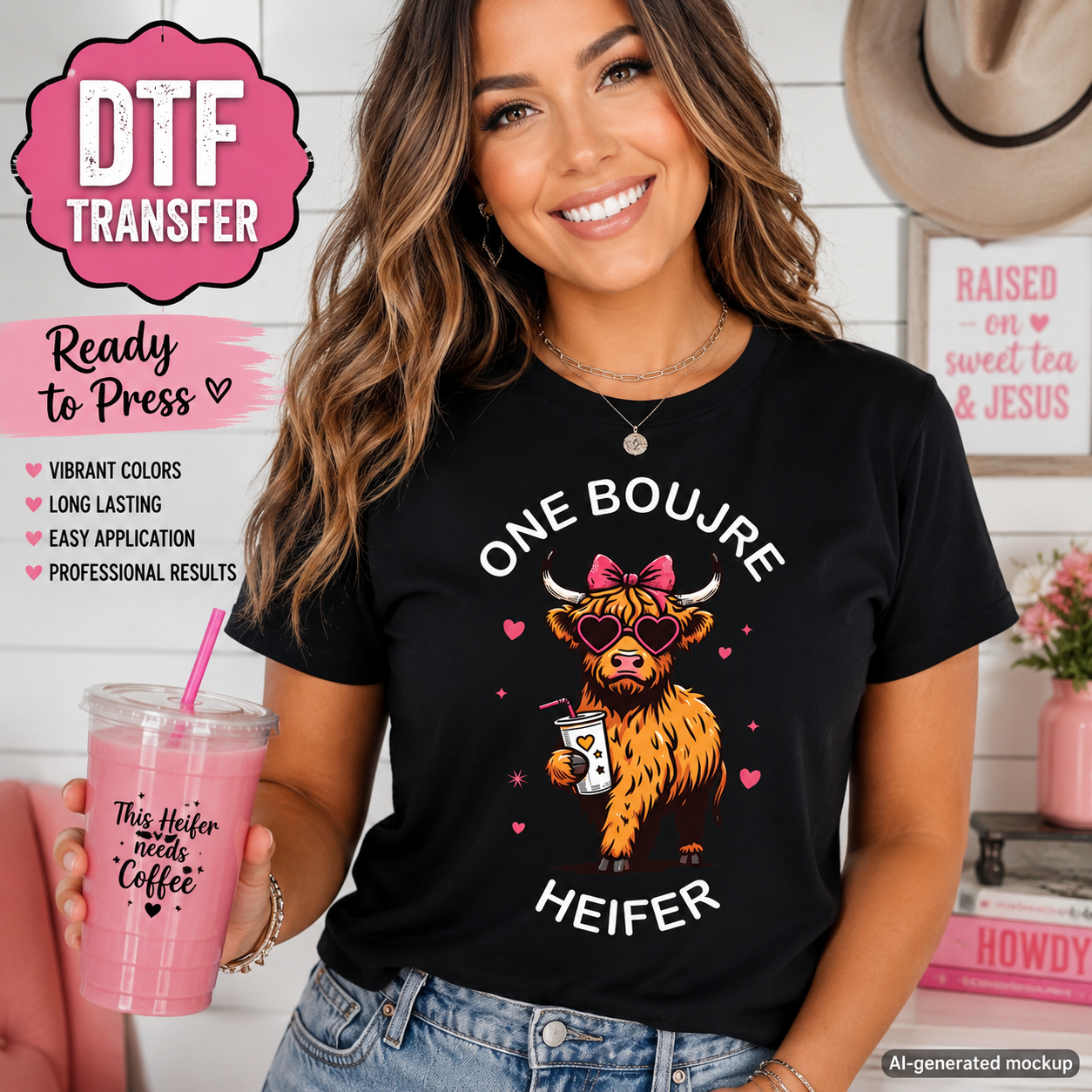 Real lifestyle mockup of a One Boujee Heifer DTF transfer on a shirt, ready to press western cow iron on design for DIY shirts