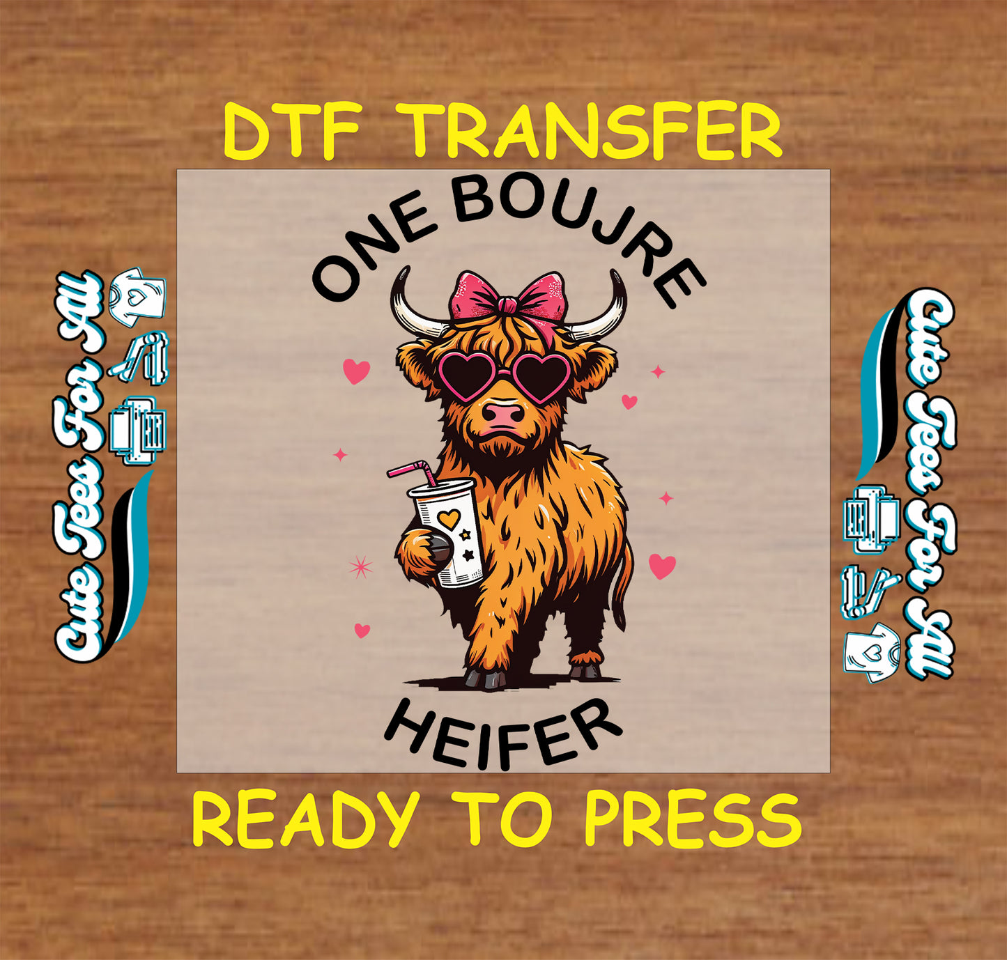 DTF transfer with a cartoon cow holding a coffee cup on a wooden background