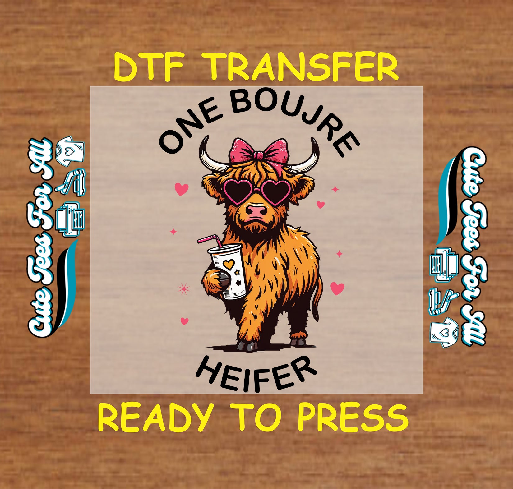 DTF transfer with a cartoon cow holding a coffee cup on a wooden background