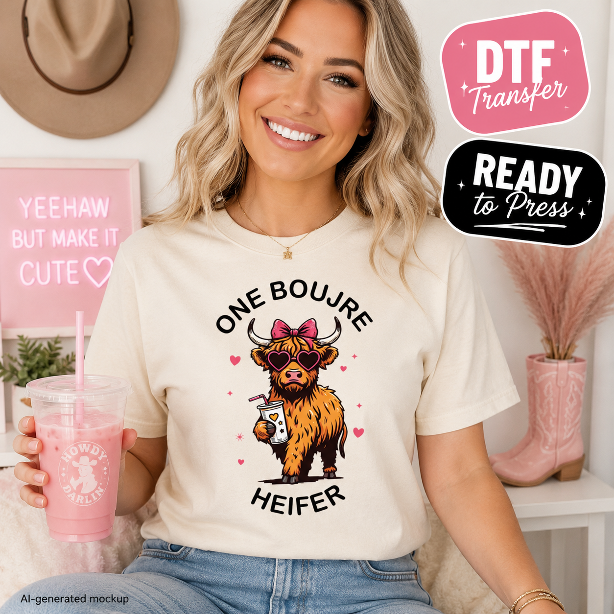 Woman wearing a t-shirt with a cow graphic and text, holding a pink drink, with 'DTF Transfer' branding.