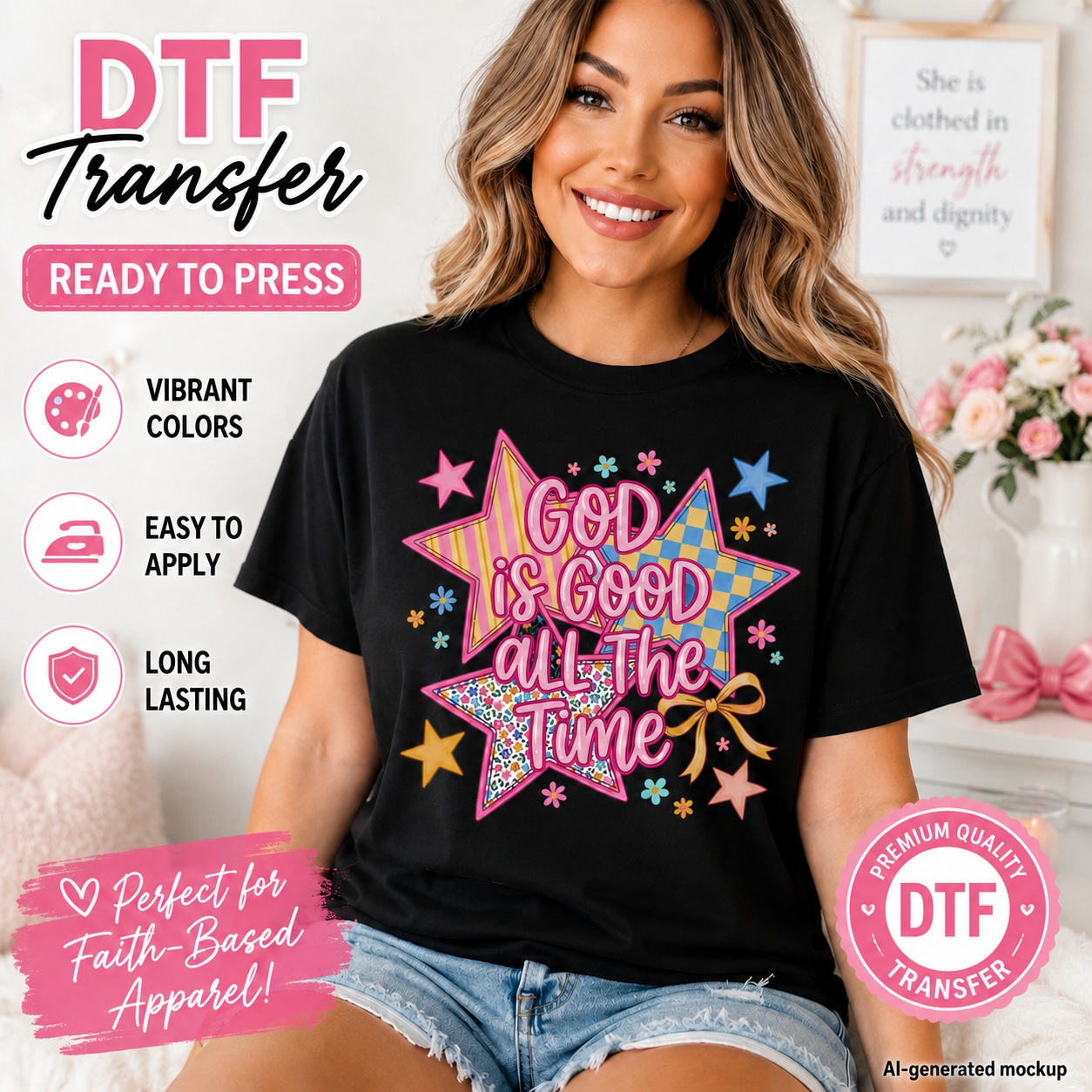 Real lifestyle mockup of a God Is Good All The Time DTF transfer on a shirt, ready to press faith iron on design for DIY shirts